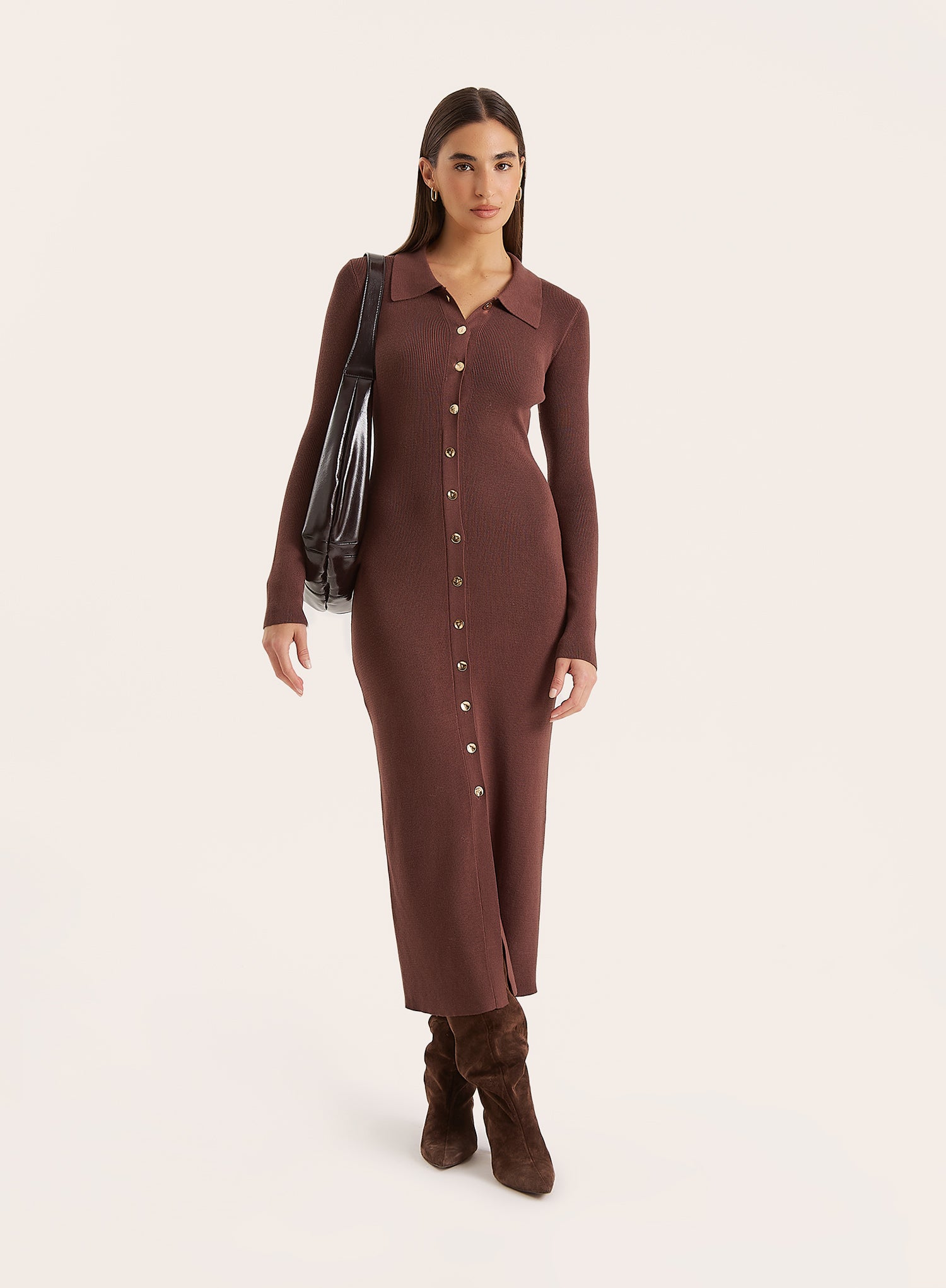 Chocolate Collared Button Down Knitted Dress