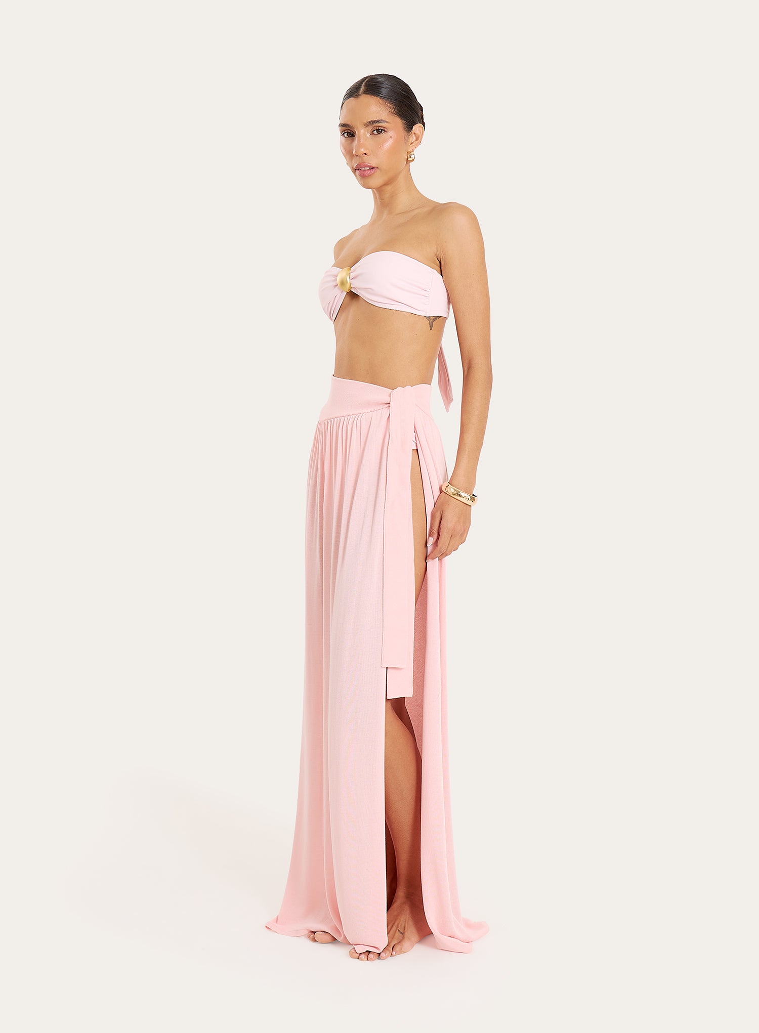 Pink Belt Detail Semi Sheer Thigh Split Maxi Skirt