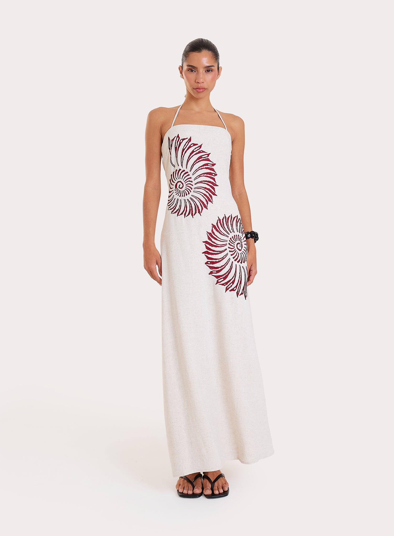 Cream Linen Blend Embroidered Shell Halterneck Maxi Dress