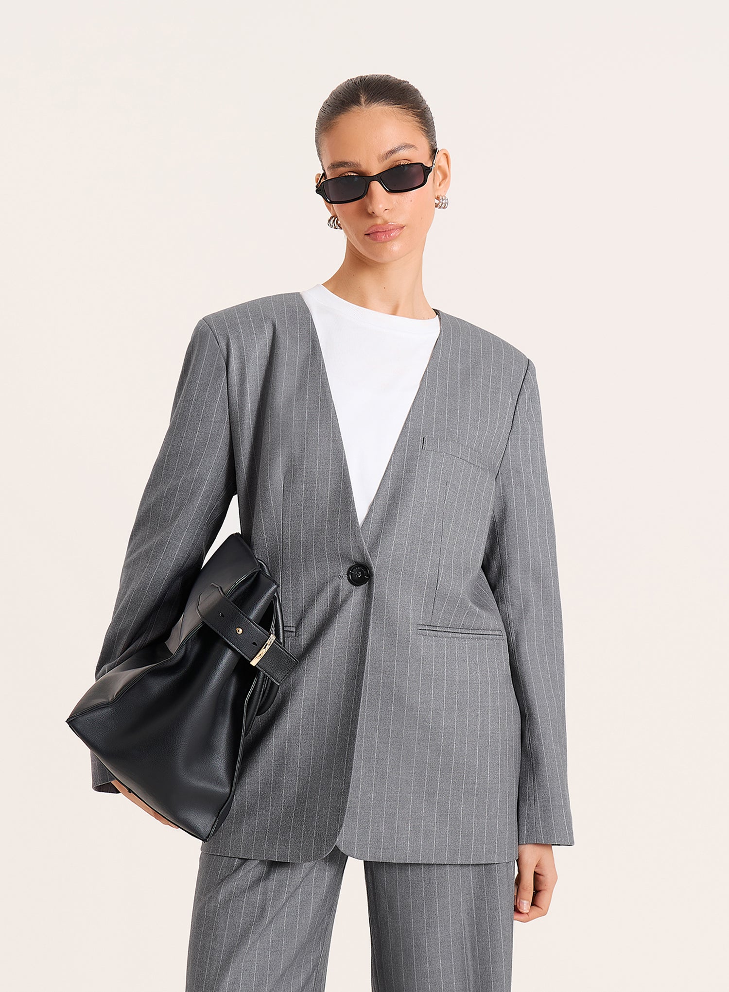 Grey Pinstripe Collarless Blazer