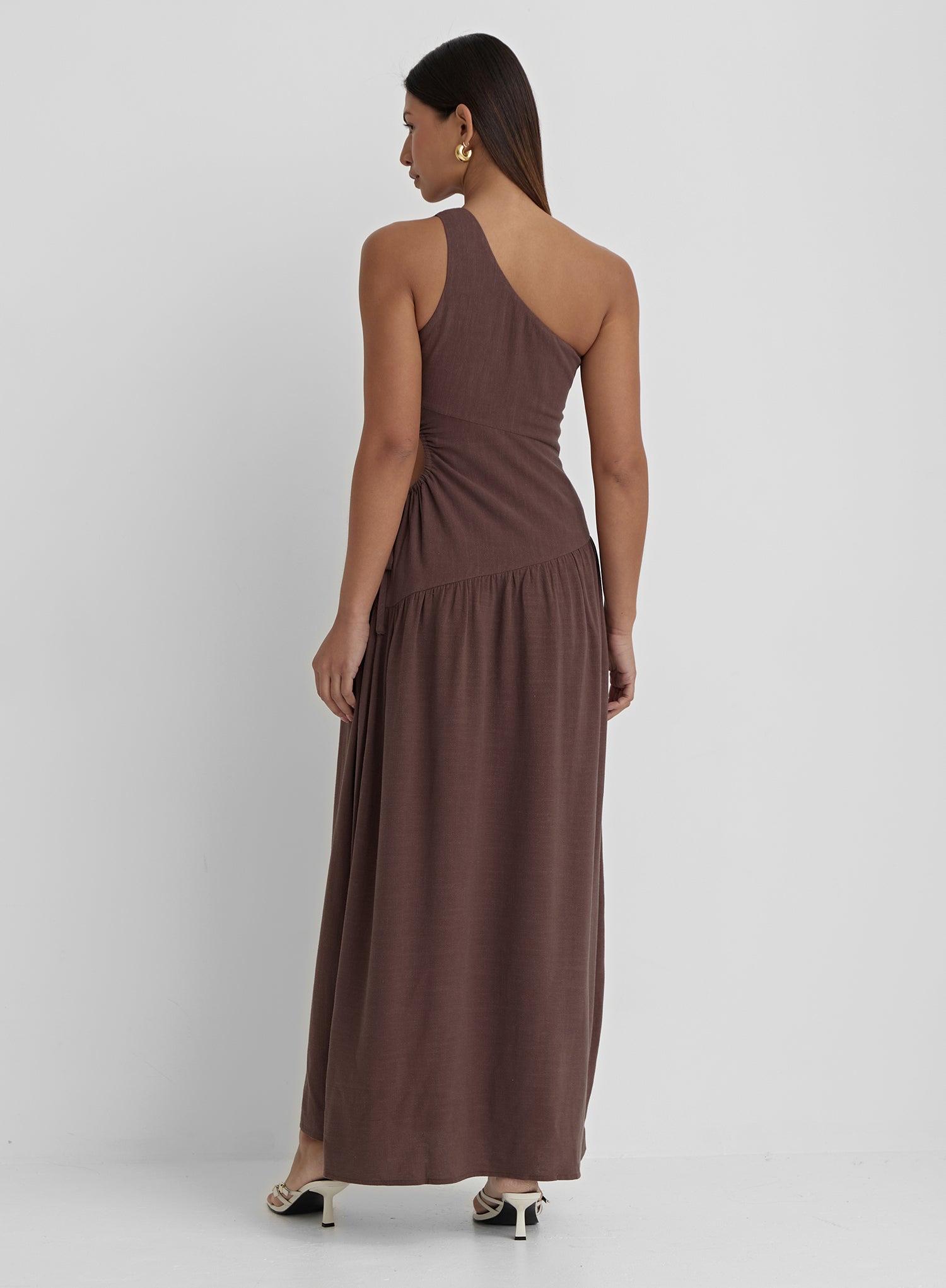 Brown Linen One Shoulder Cut Out Detail Dress- Clara