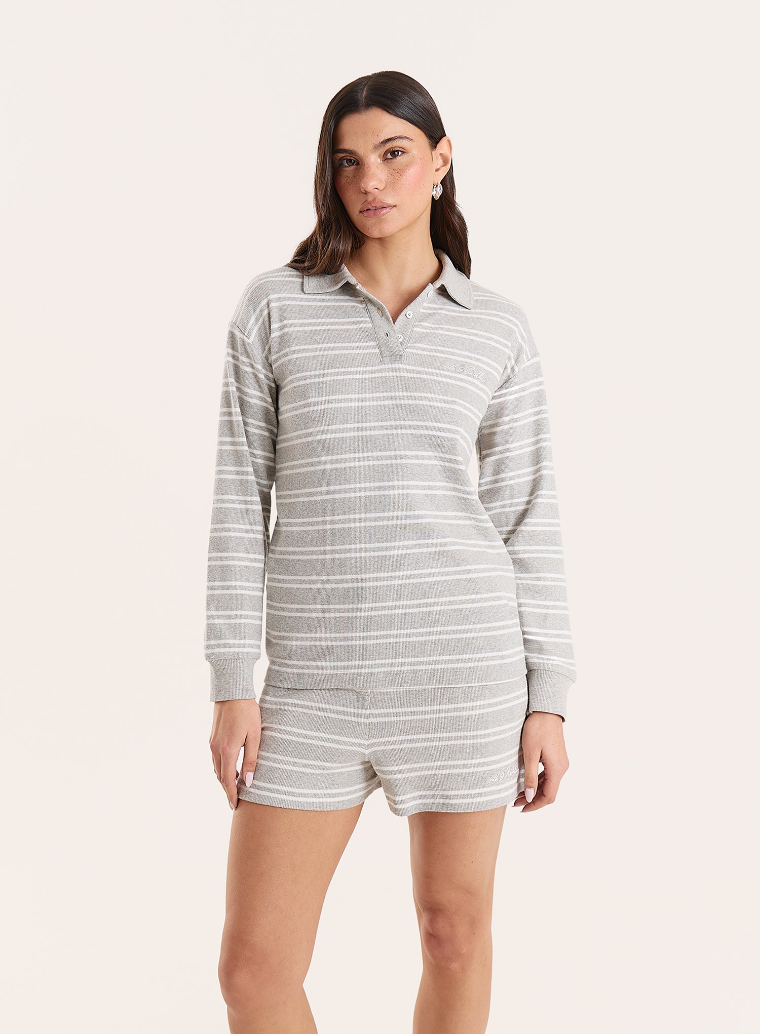Grey And White Stripe Jersey Ribbed Rugby Top