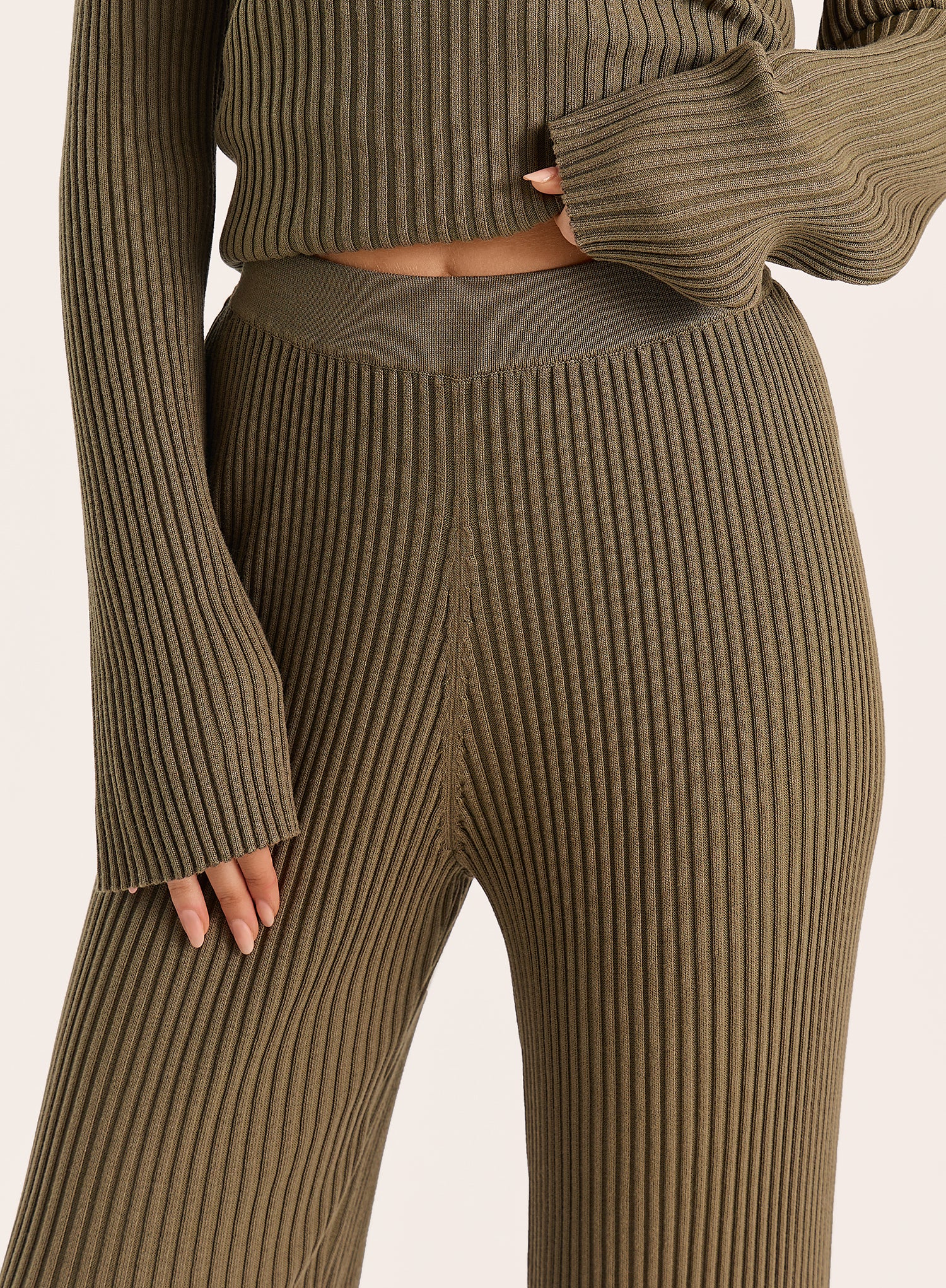 Olive Ribbed Knit Straight Leg Trousers