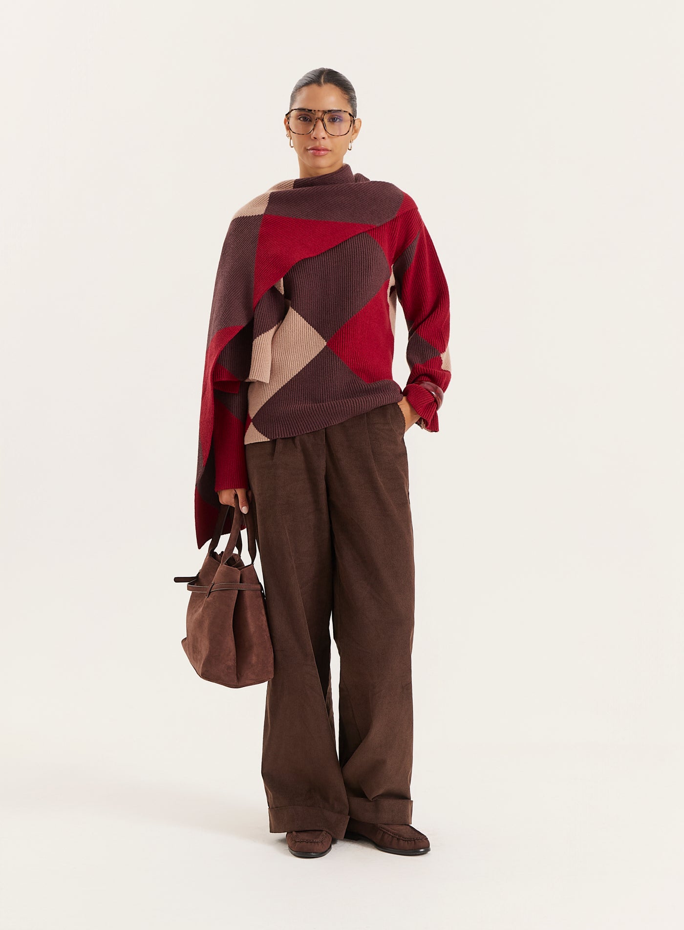 Multi Diamond Knitted Jumper With Scarf