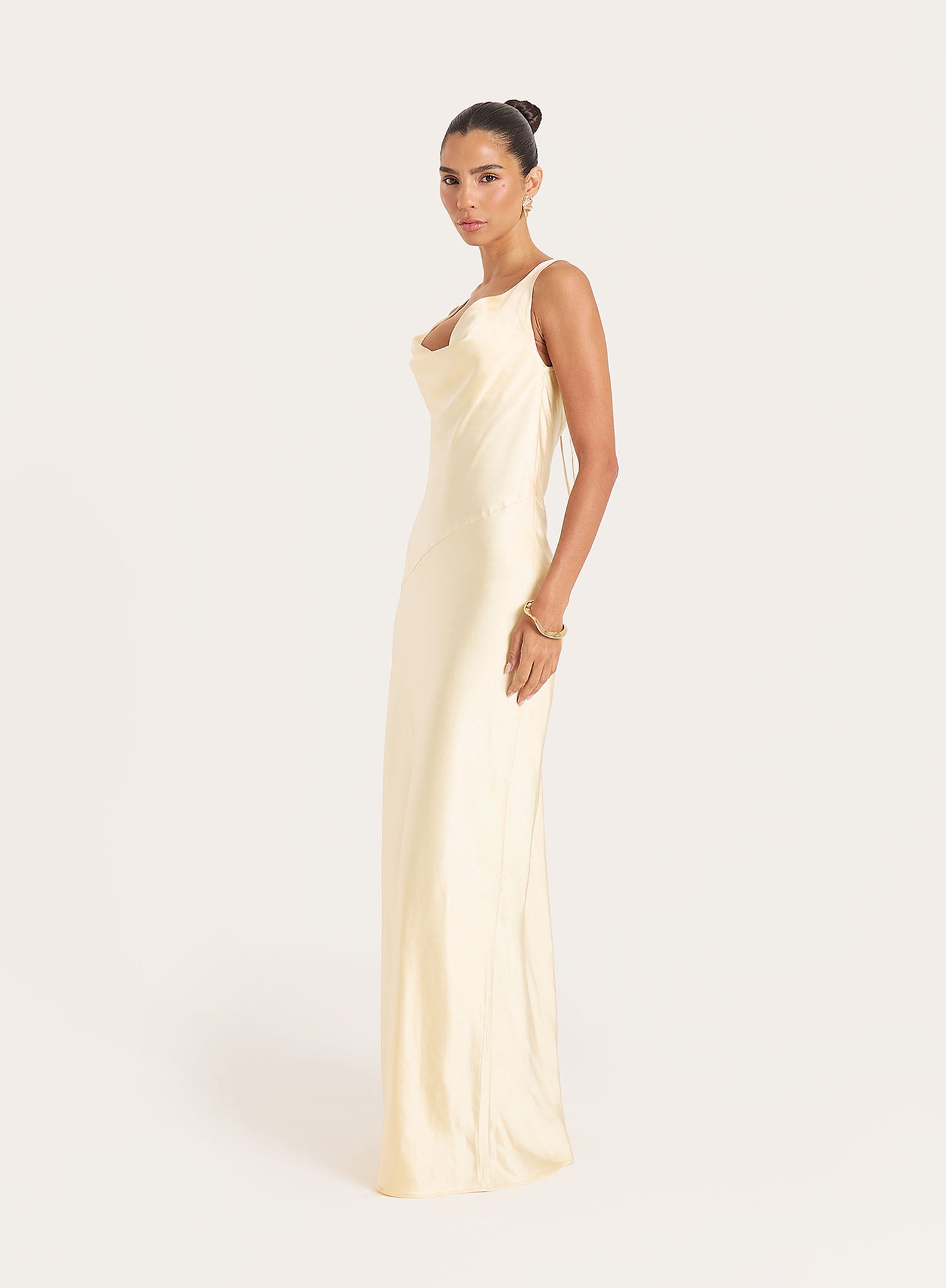 Yellow Satin Backless Lace Trim Maxi Dress