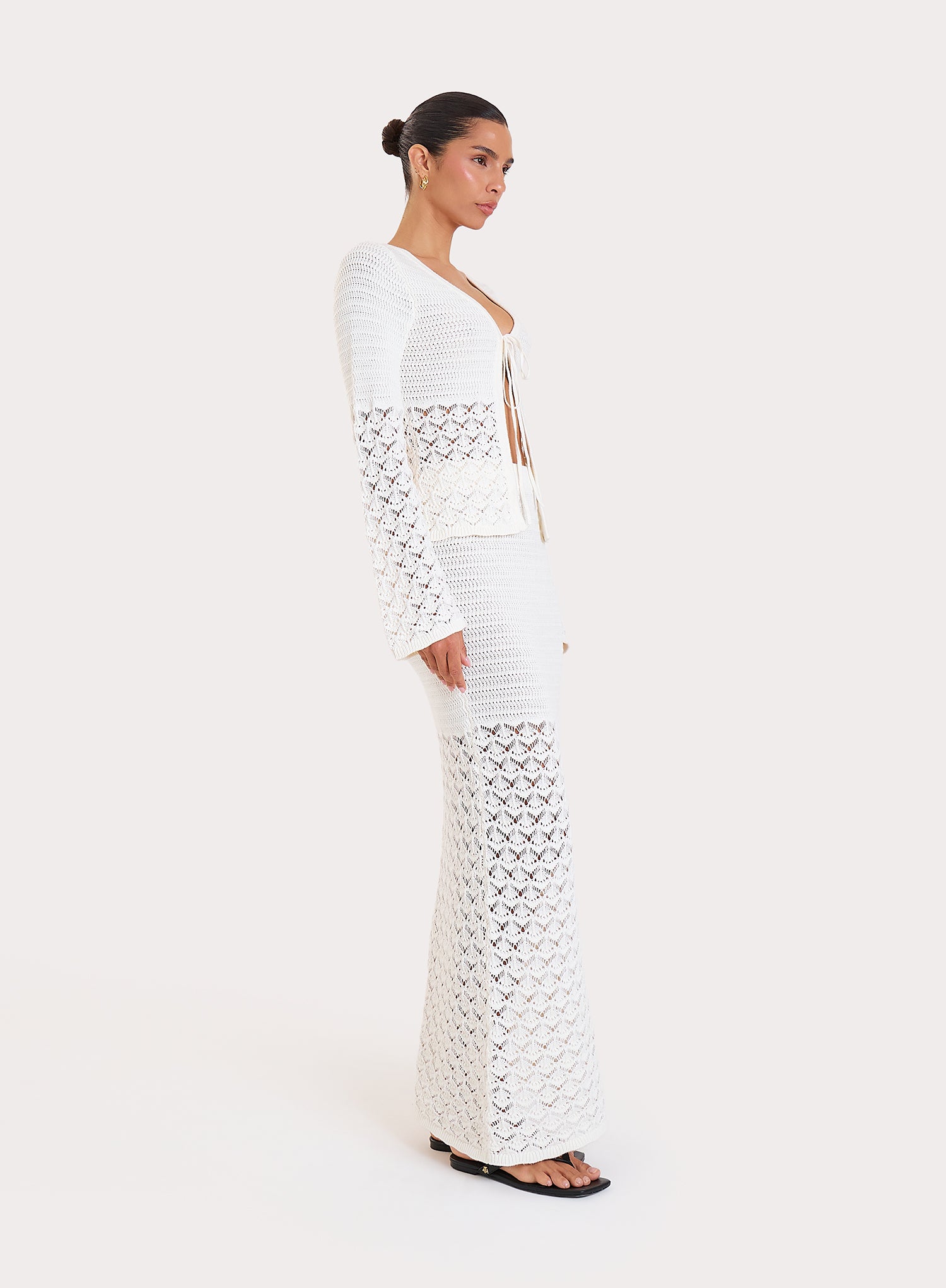 Cream Crochet Drop Waist Maxi Skirt