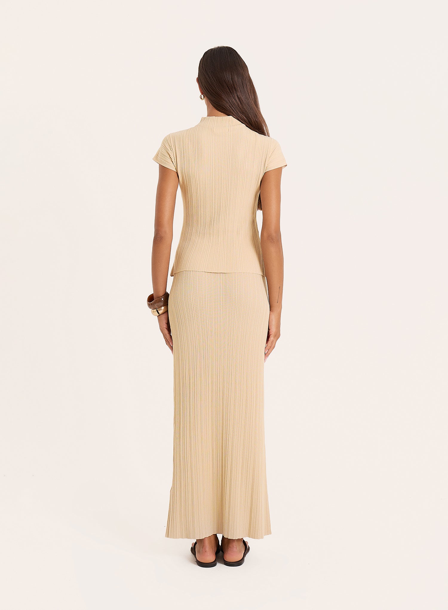 Beige Textured Fine Knit High Neck Top