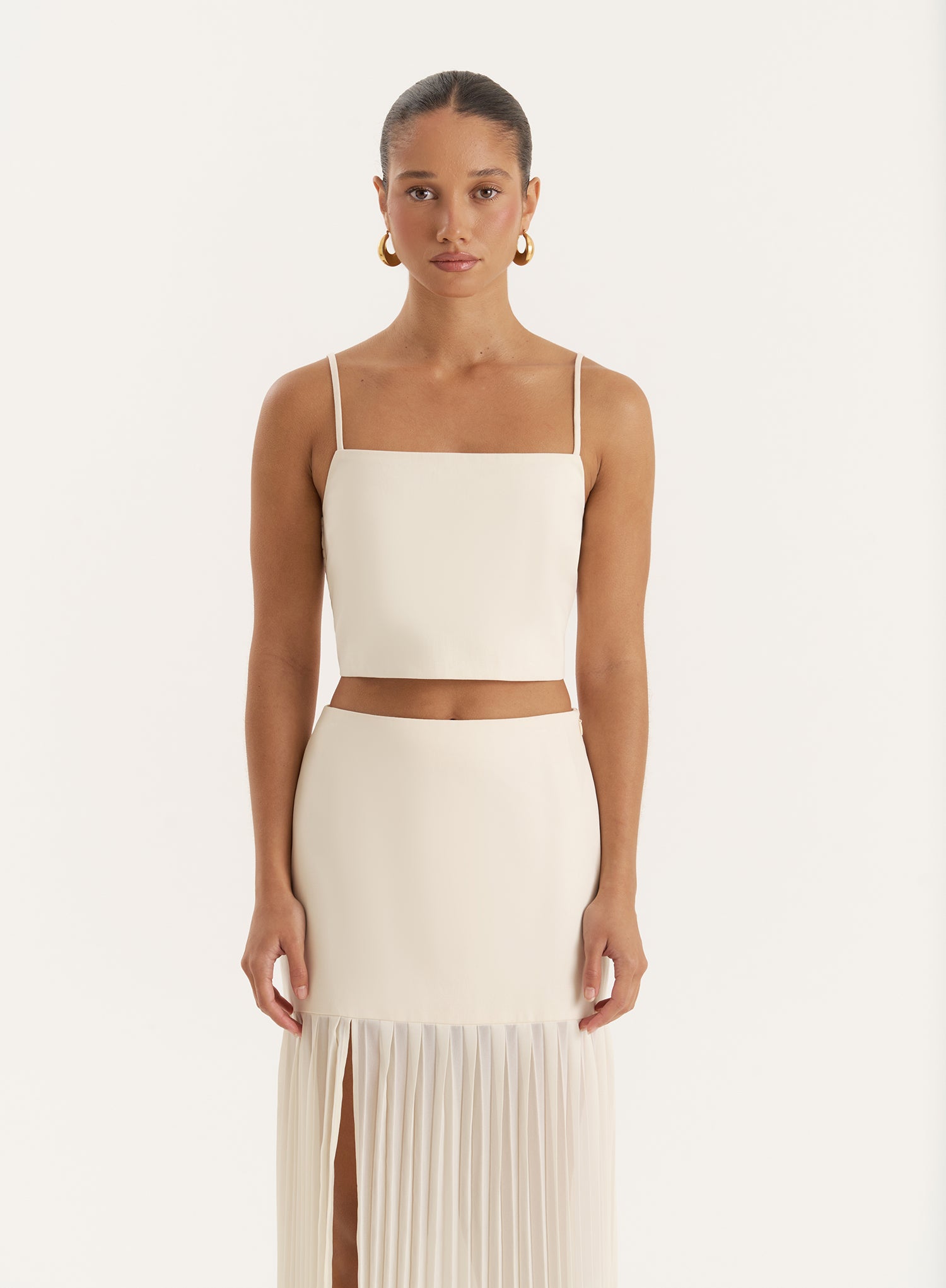 Cream Side Split Pleated Maxi Skirt- Lucian