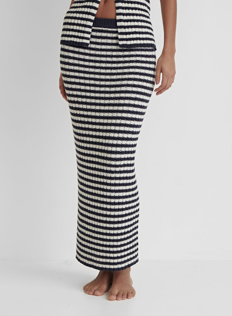 Navy Stripe Knit Midi Skirt- Revello