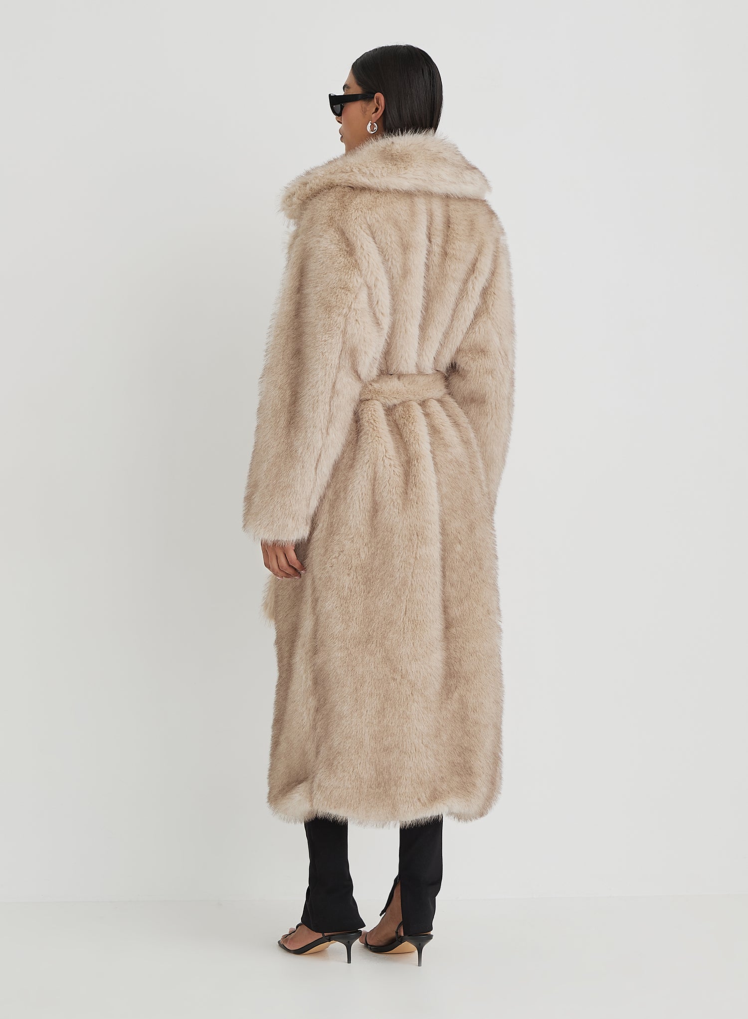 Beige Faux Fur Oversized Tie Waist Maxi Coat- Schiffer