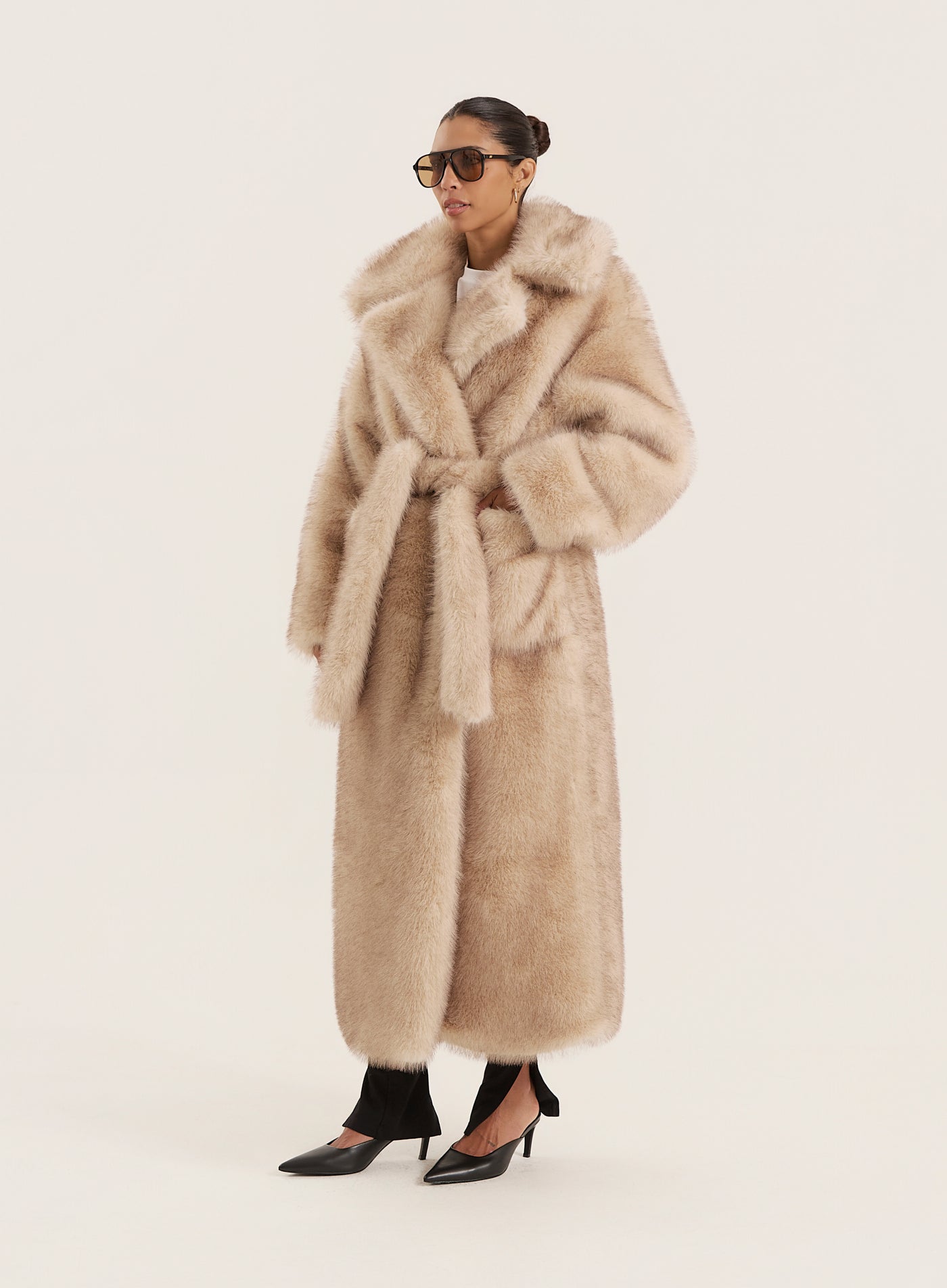 Beige Faux Fur Oversized Tie Waist Maxi Coat