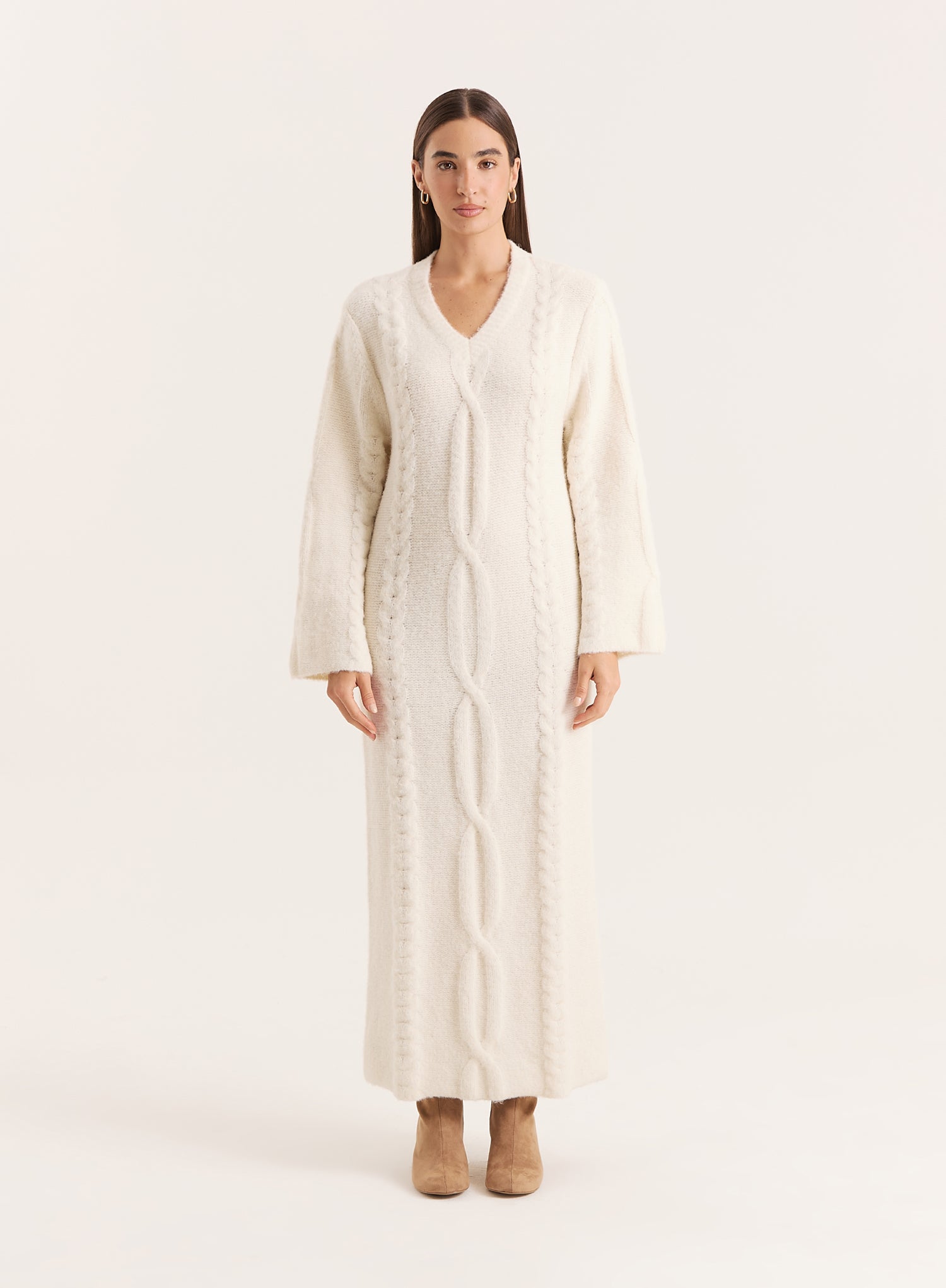 Cream Chunky Knit Wool Blend Maxi Dress