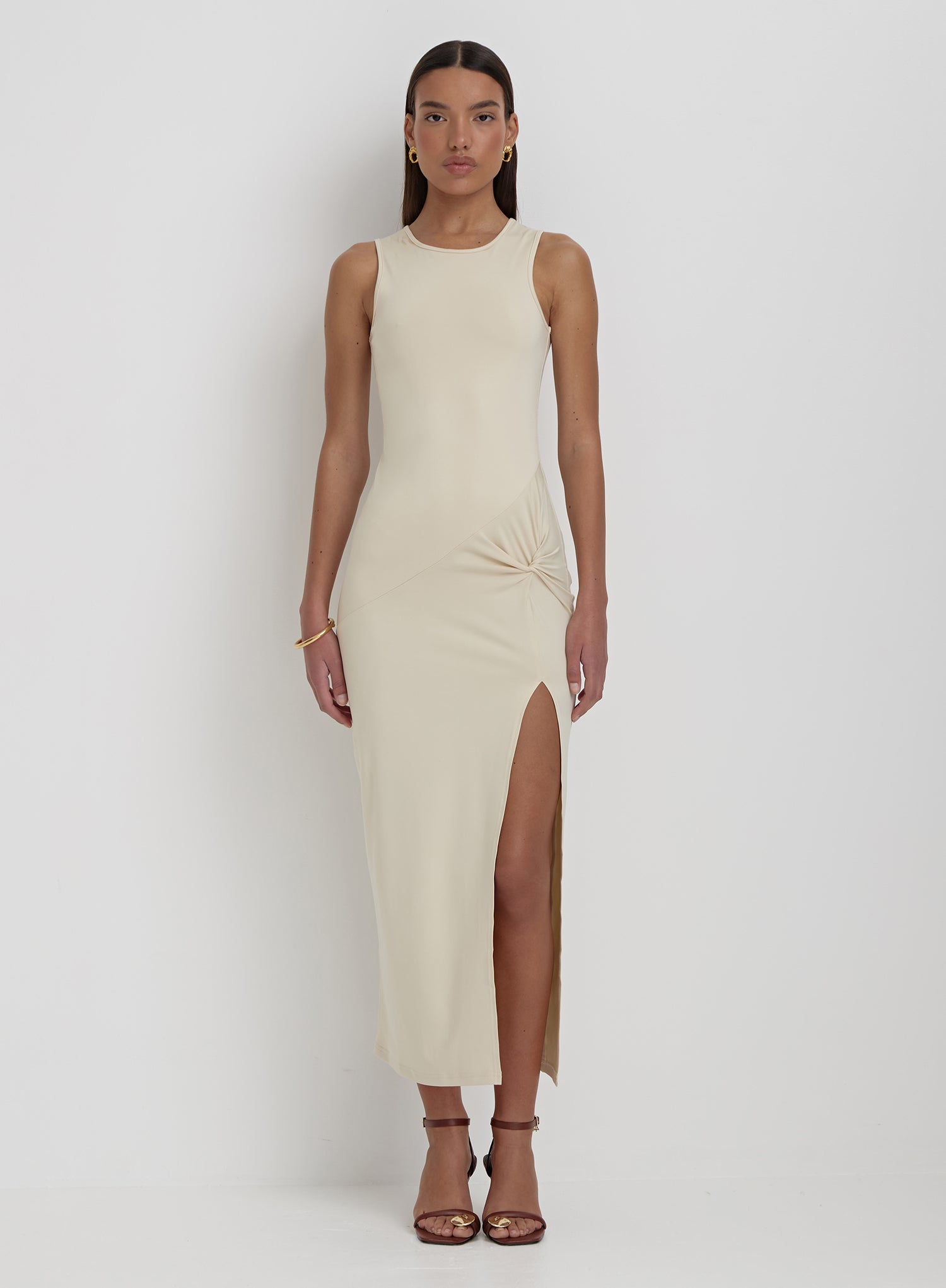 Cream Slinky Side Split Maxi Dress- Lorena