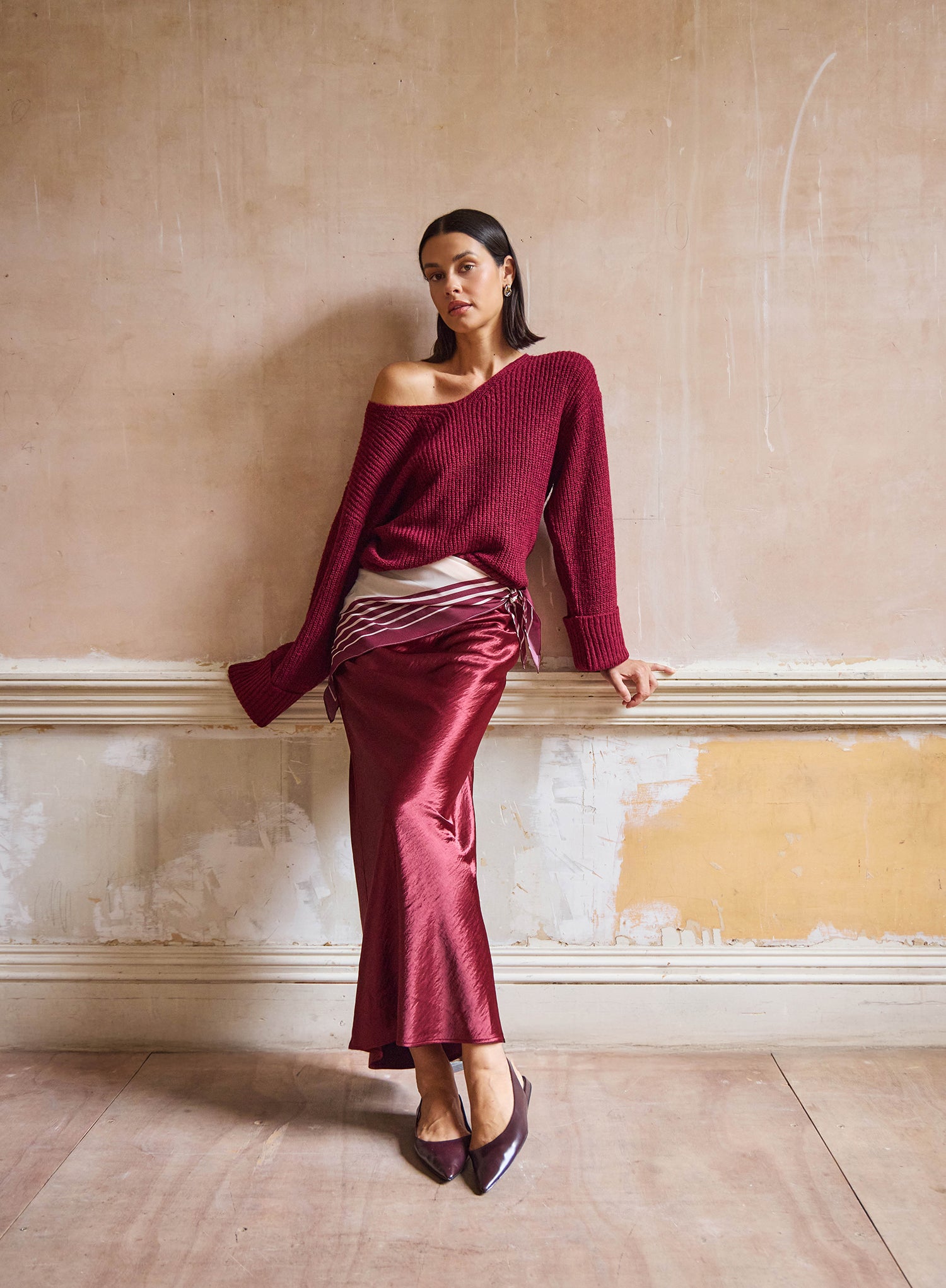 Burgundy Satin Maxi Skirt