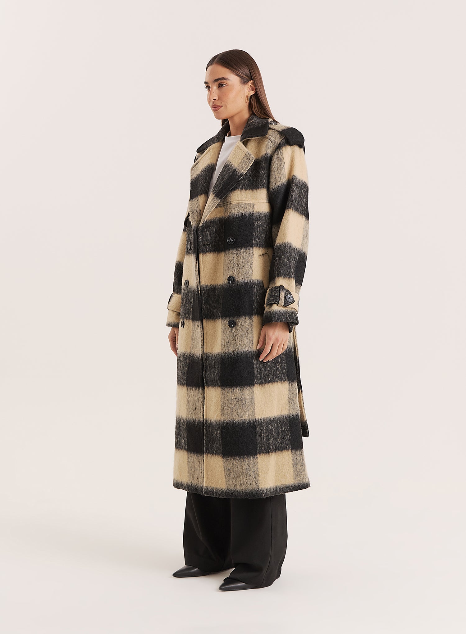 Black & Beige Check Longline Belted Trench Coat