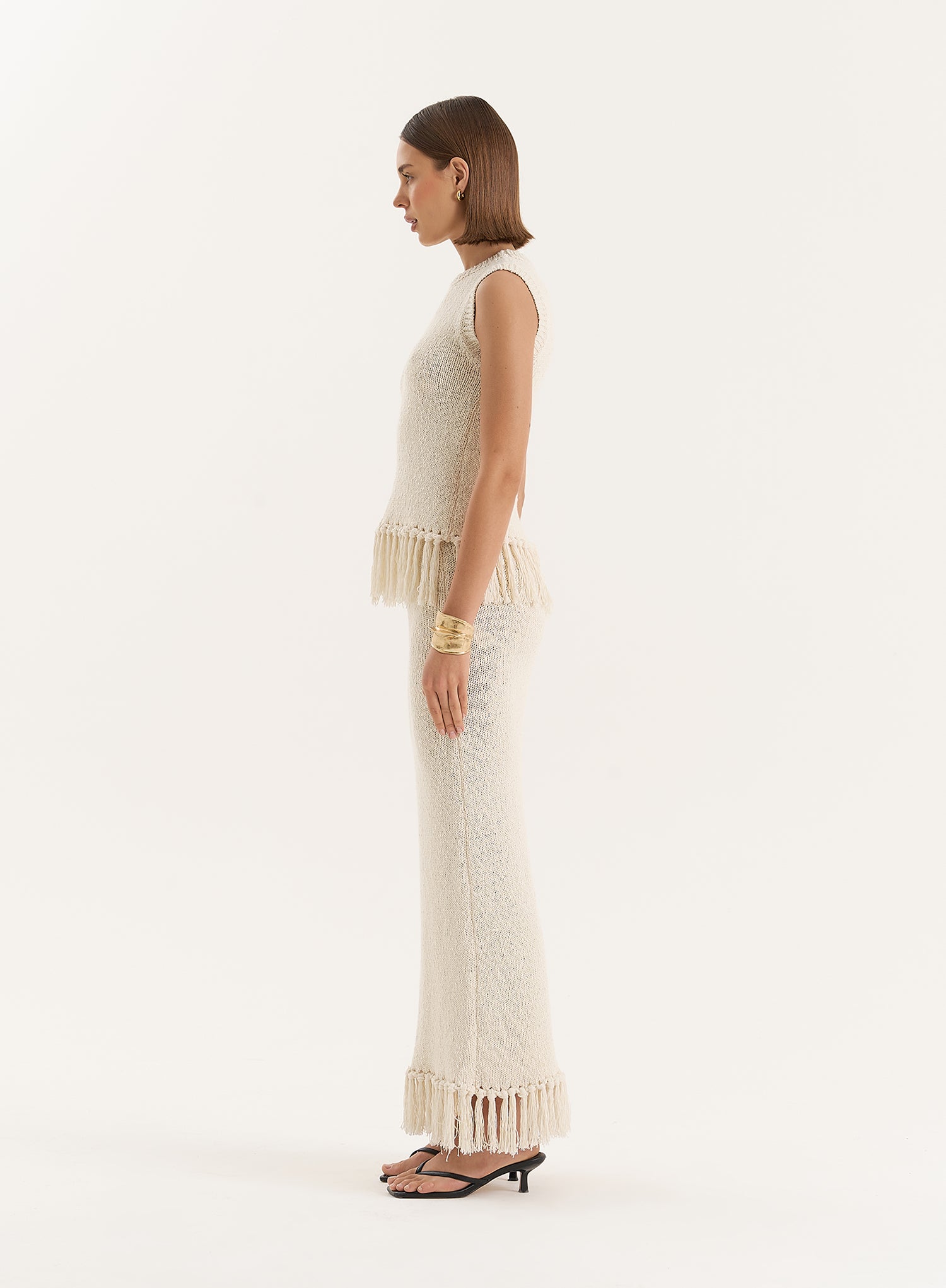 Beige Sleeveless Knitted Tassel Trim Top- Lauryn