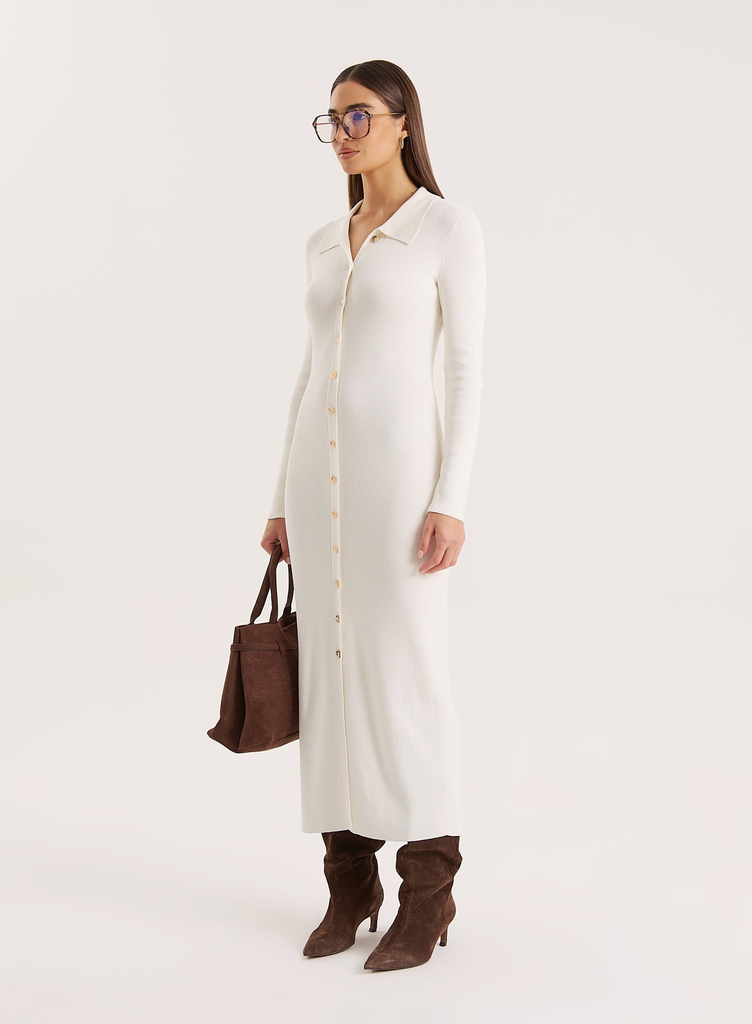 Off White Collared Button Down Knitted Dress- Taye