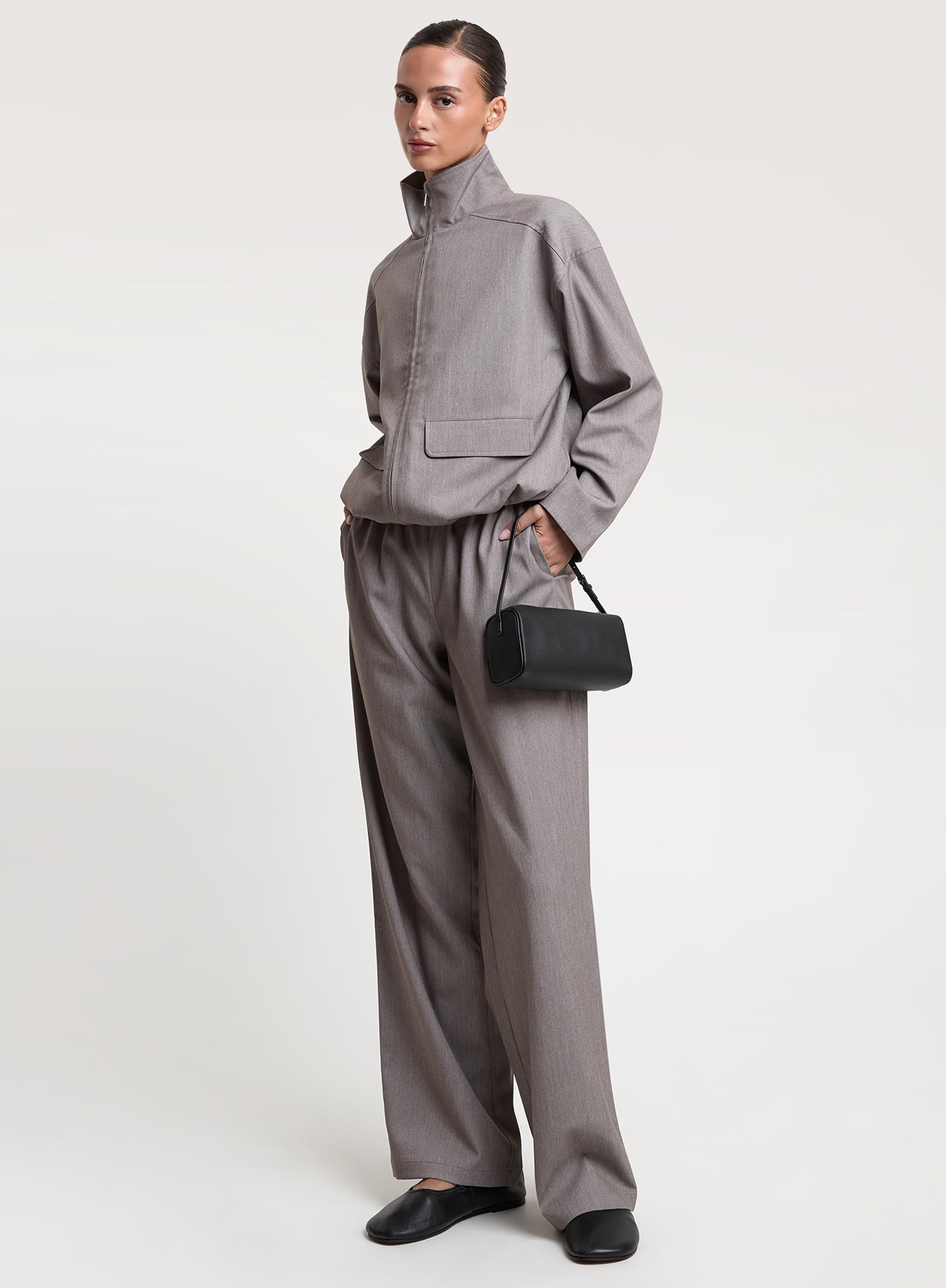 Grey Drawstring Waist Straight Leg Trousers