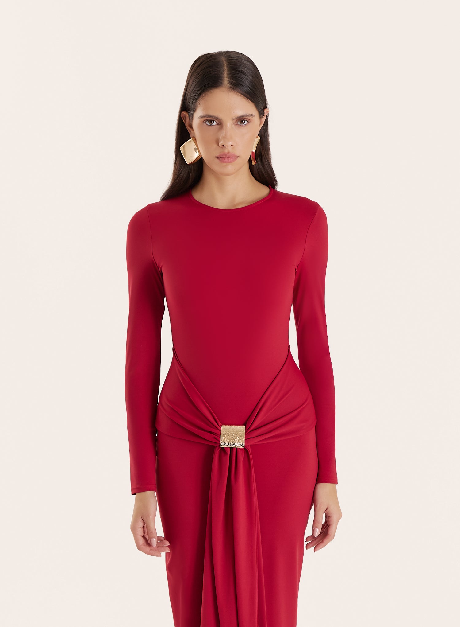 Red Jersey Hardware Waist Detail Maxi Dress