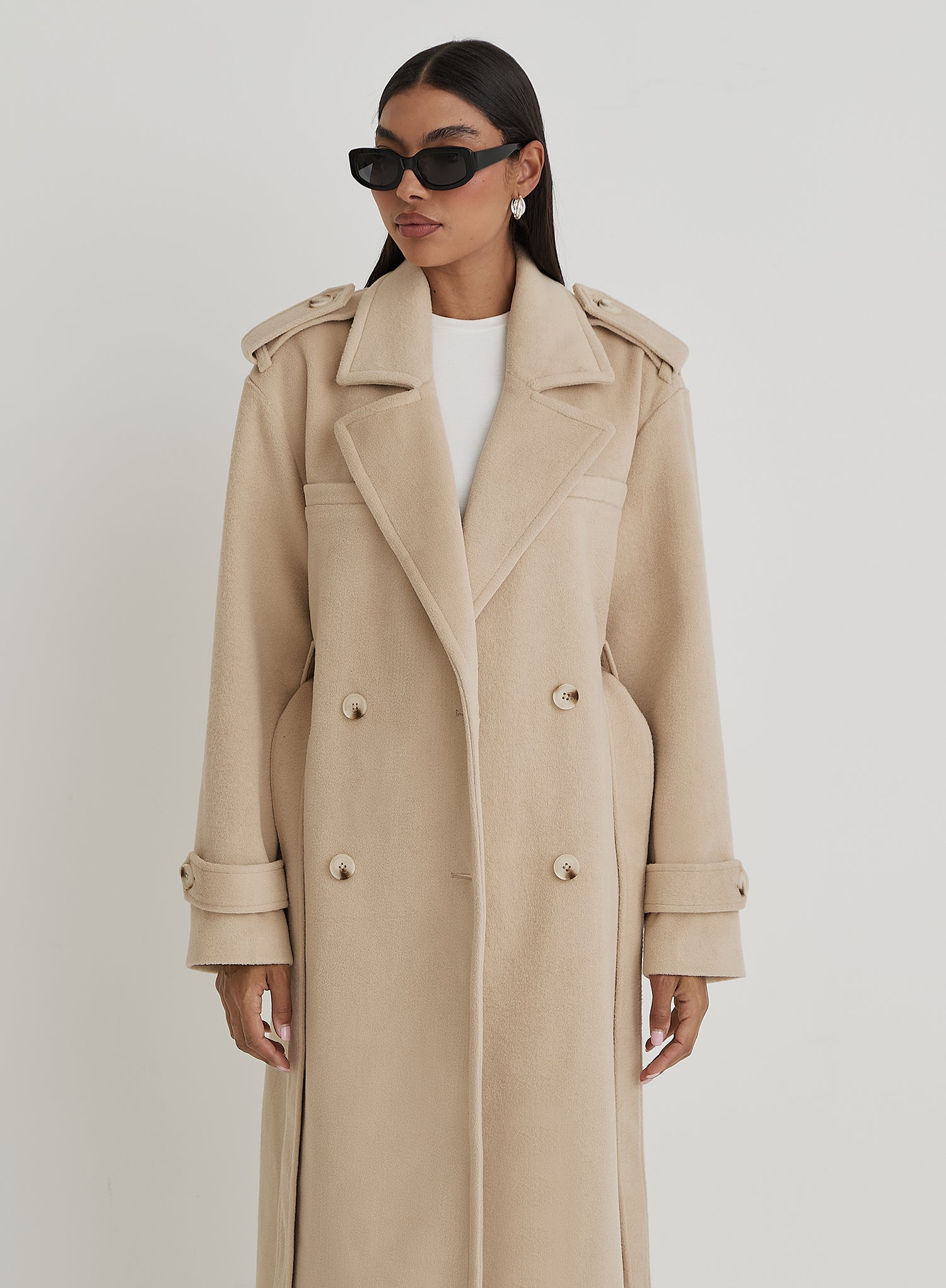 Beige Tailored Belted Longline Trench Coat