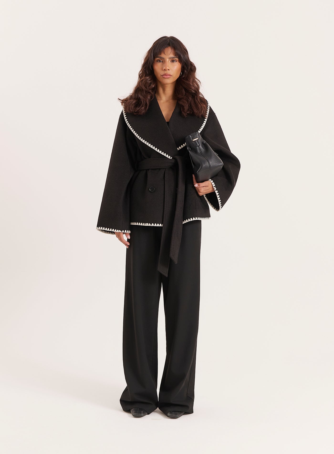 Black Contrast Stitch Belted Jacket