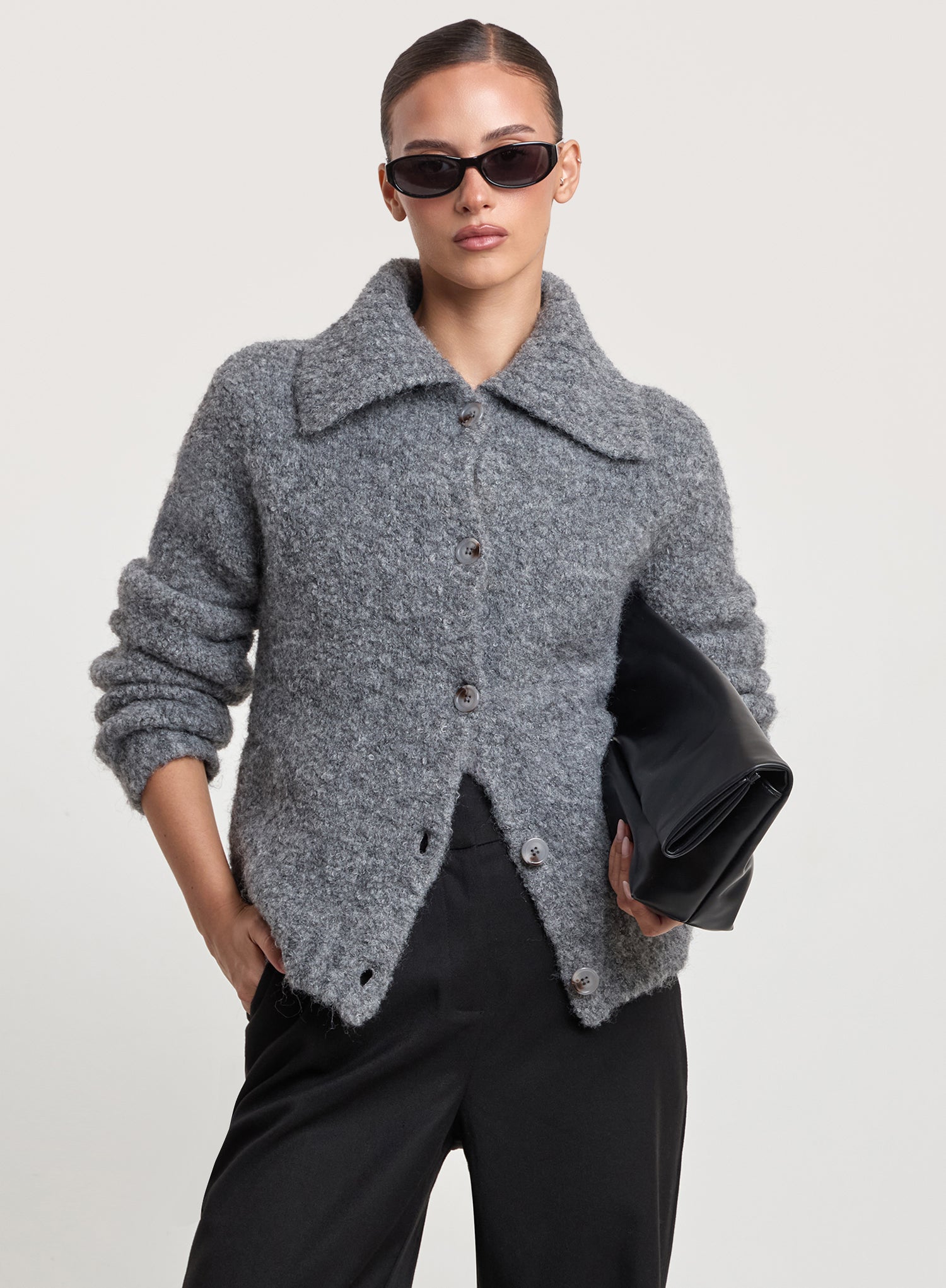 Dark Grey Knitted Collared Cardigan
