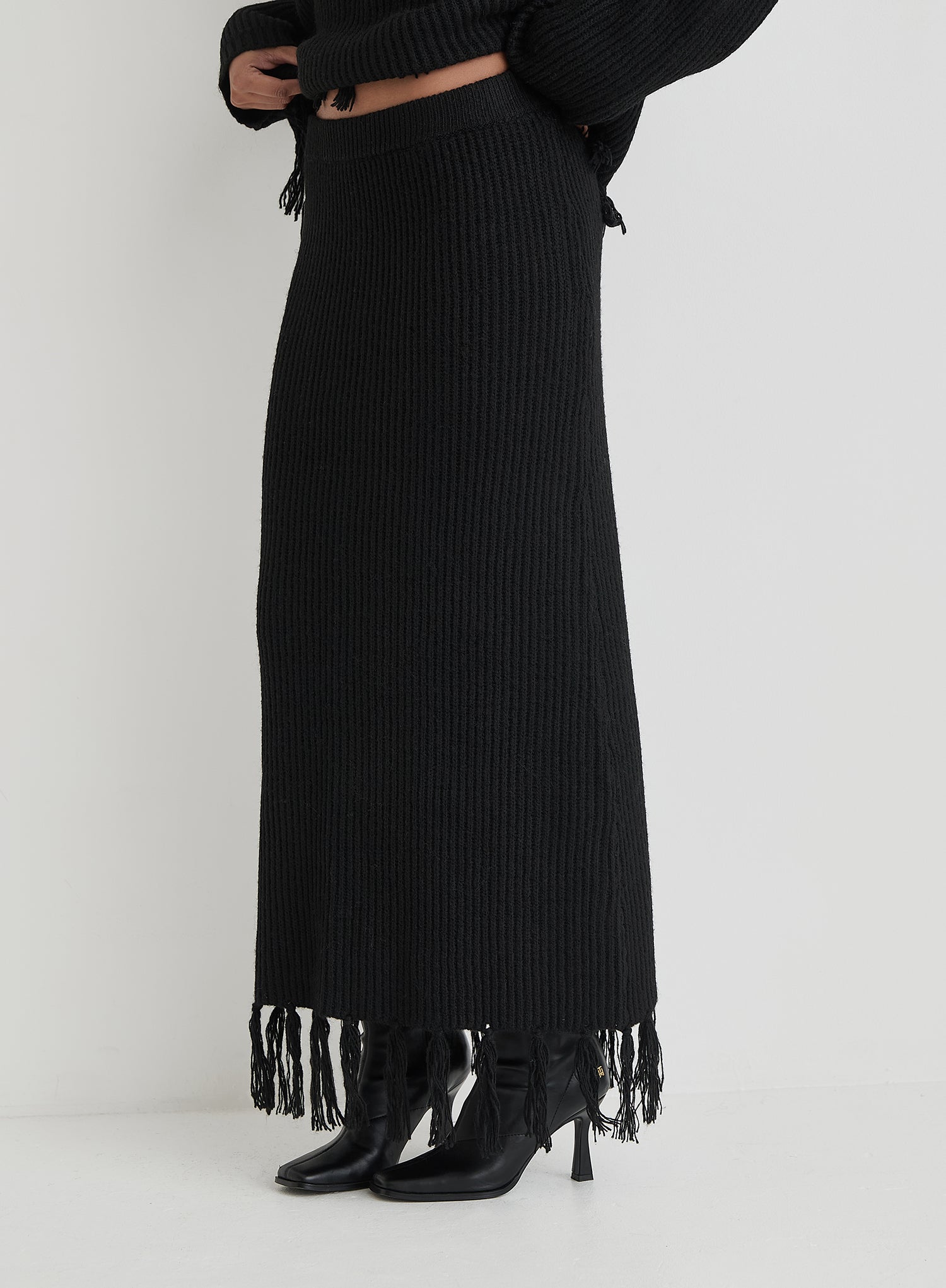 Black Knit Tassle Trim Maxi Skirt- Fallon