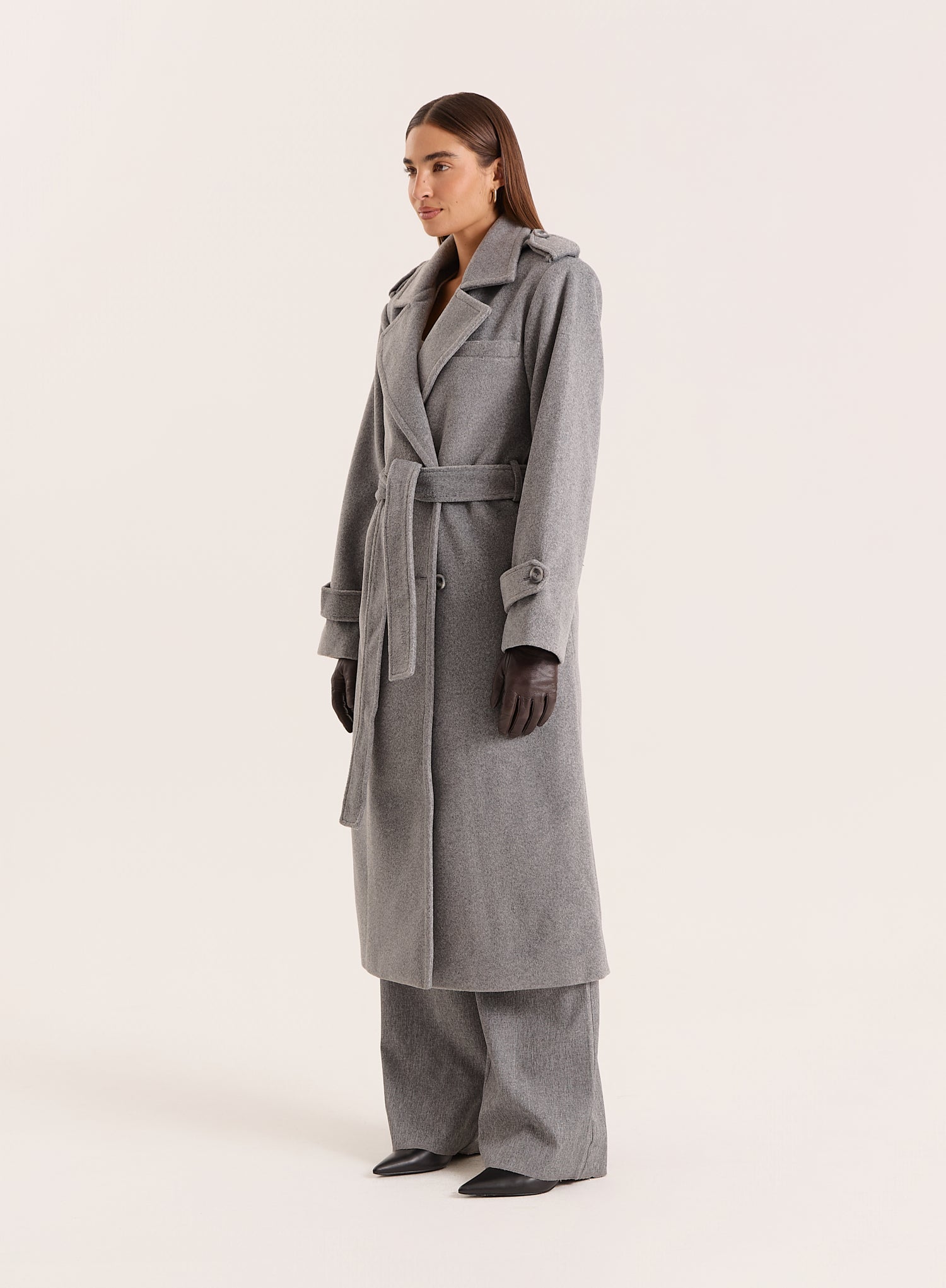 Grey Tailored Belted Longline Trench Coat