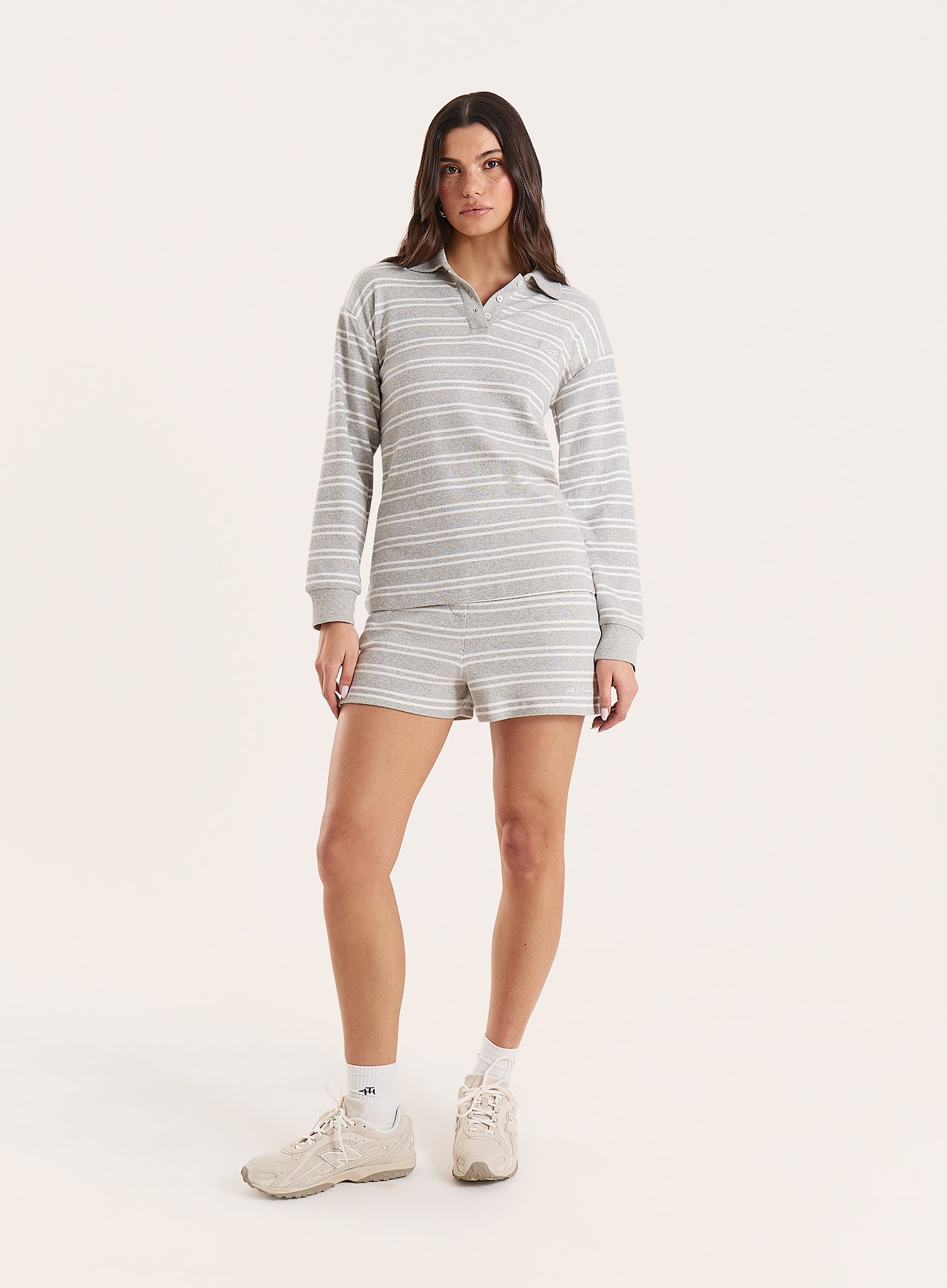 Grey And White Stripe Jersey Ribbed Rugby Top