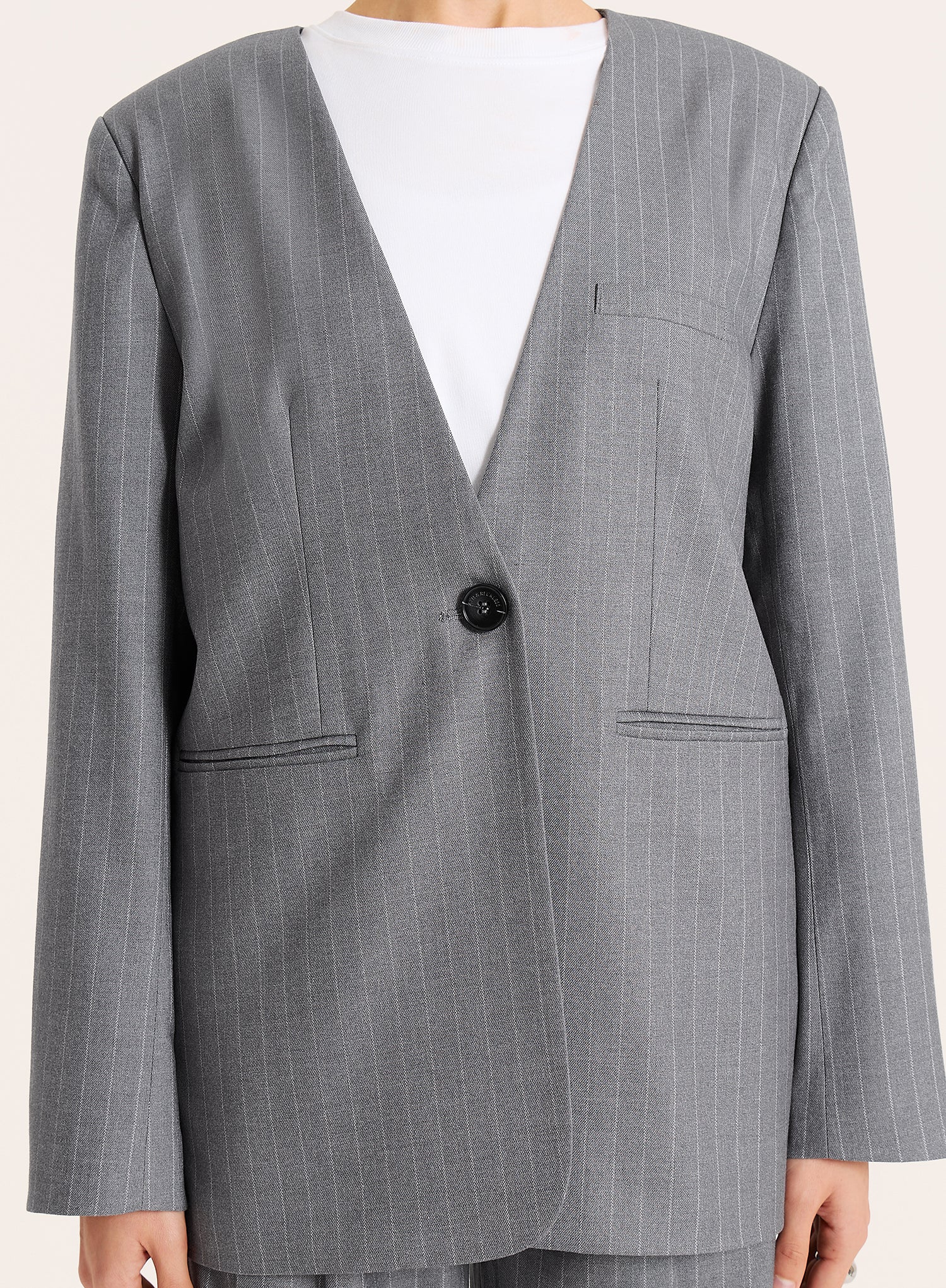 Grey Pinstripe Collarless Blazer