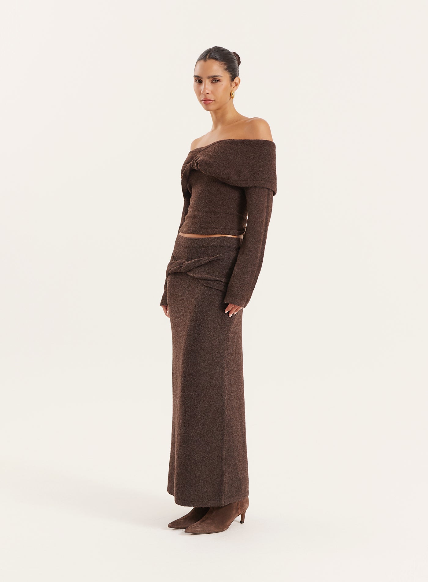 Chocolate Knitted Bardot Long Sleeved Top