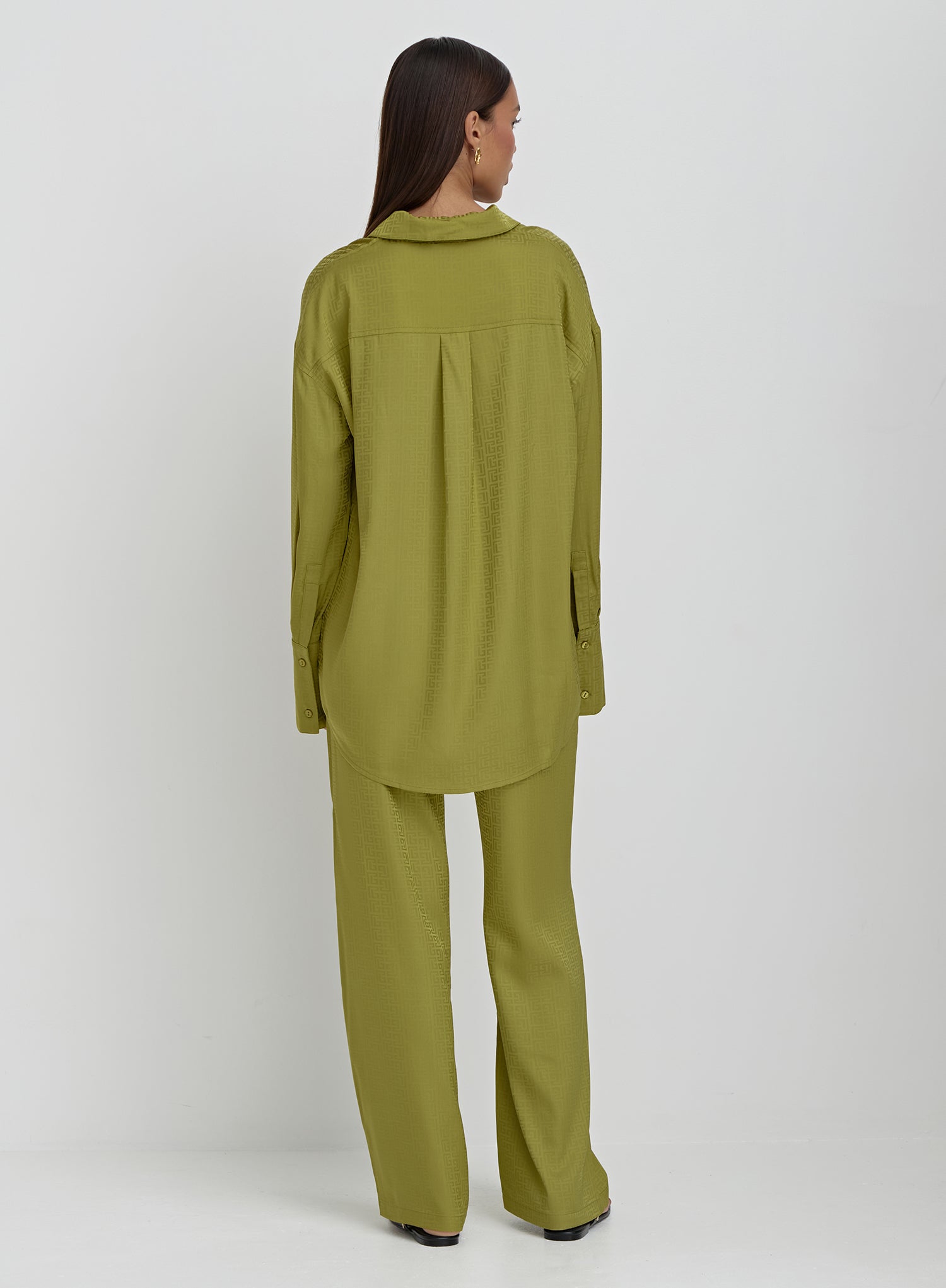 Green Jacquard Satin Print Oversized Shirt- Mimi