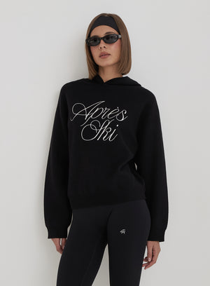 Black Apres Ski Slogan Cropped Knitted Hoodie- Nadja