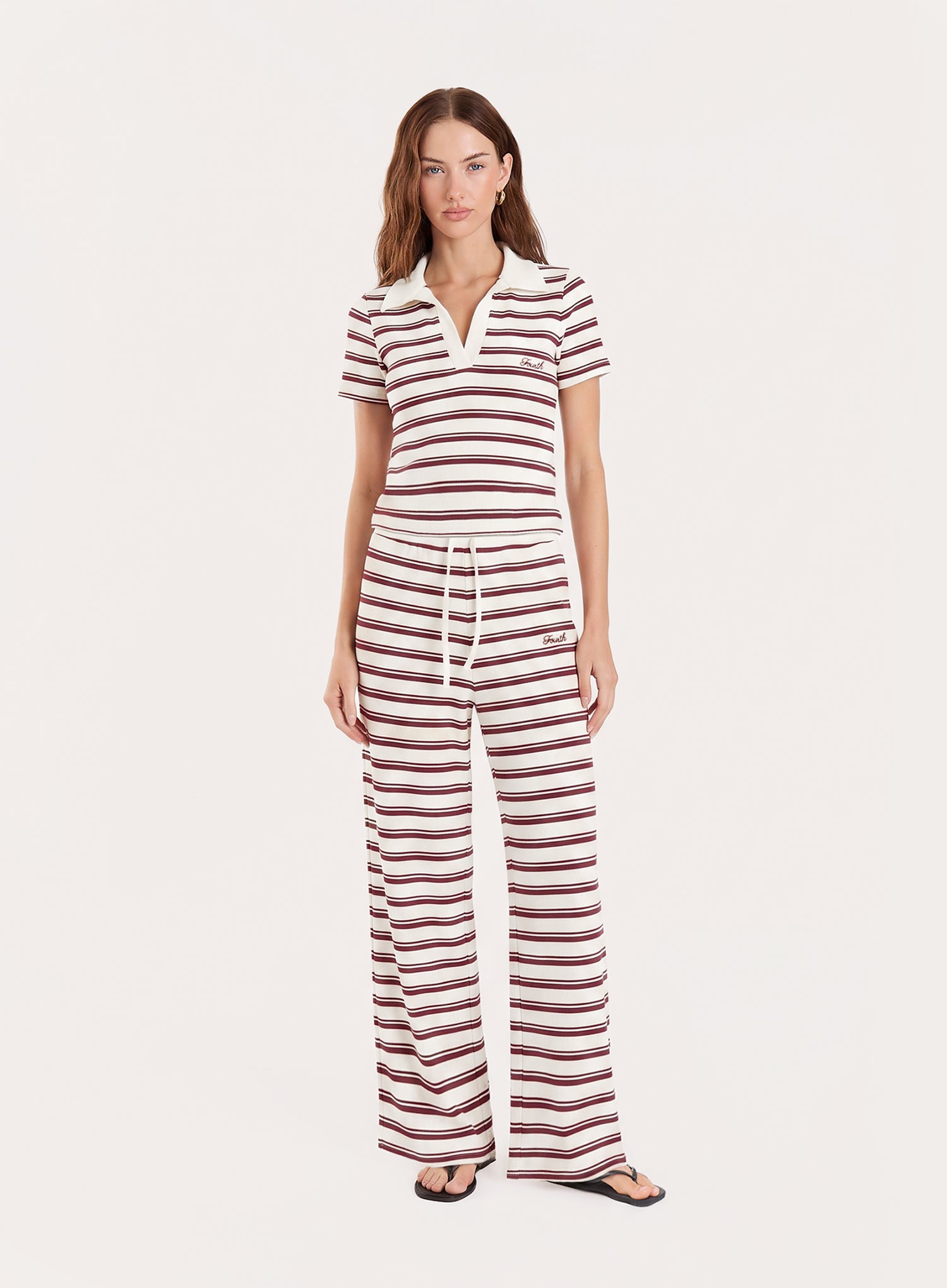 White And Brown Striped Jersey Ribbed Trousers
