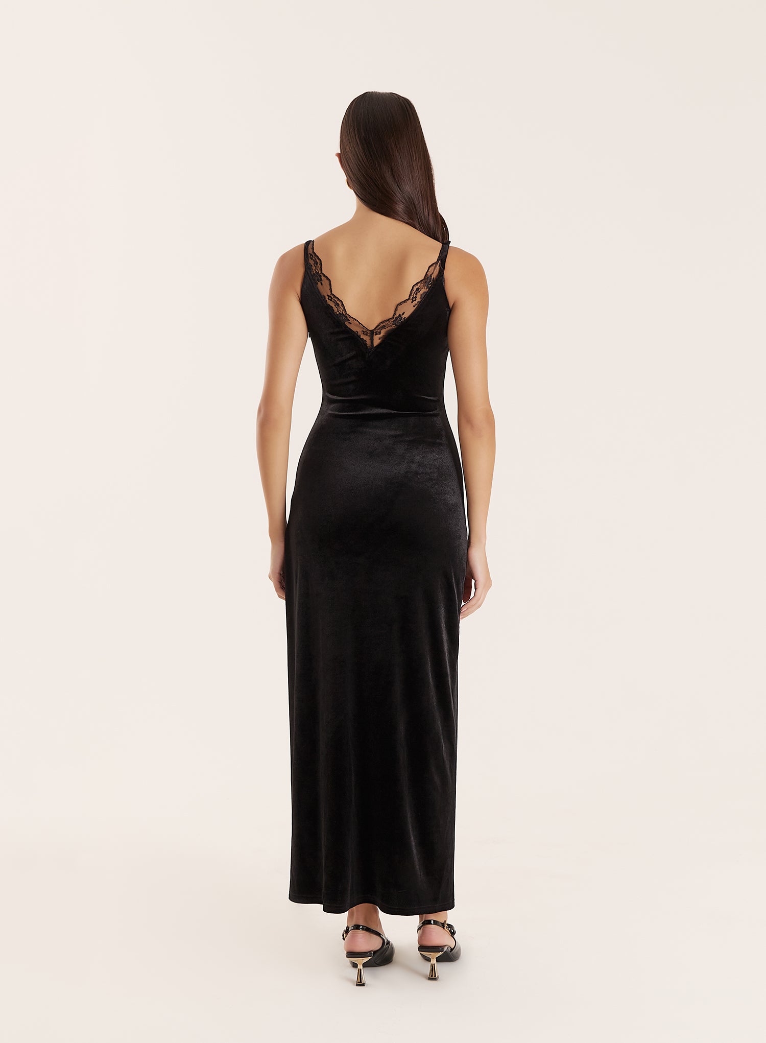 Black Velvet Lace Trim Midaxi Dress