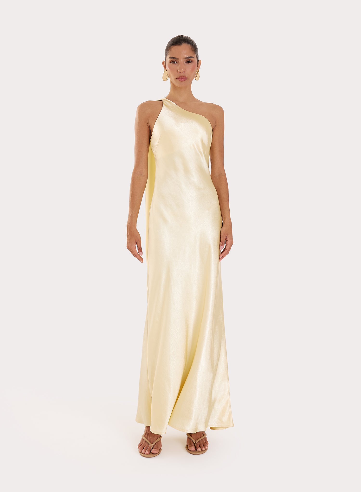 Lemon Satin One Shoulder Maxi Dress