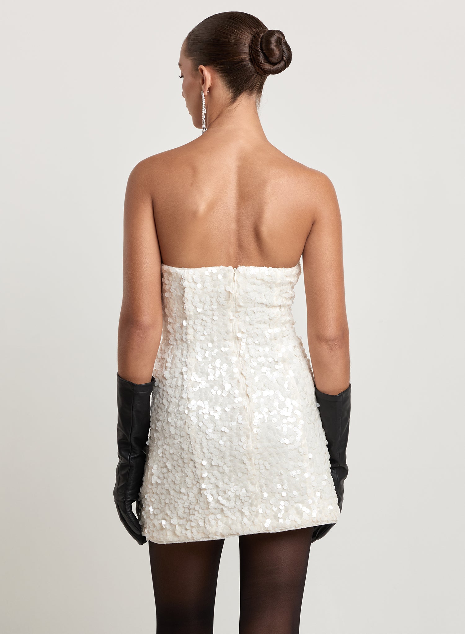 Cream Curved Bandeau Structured Sequin Mini Dress
