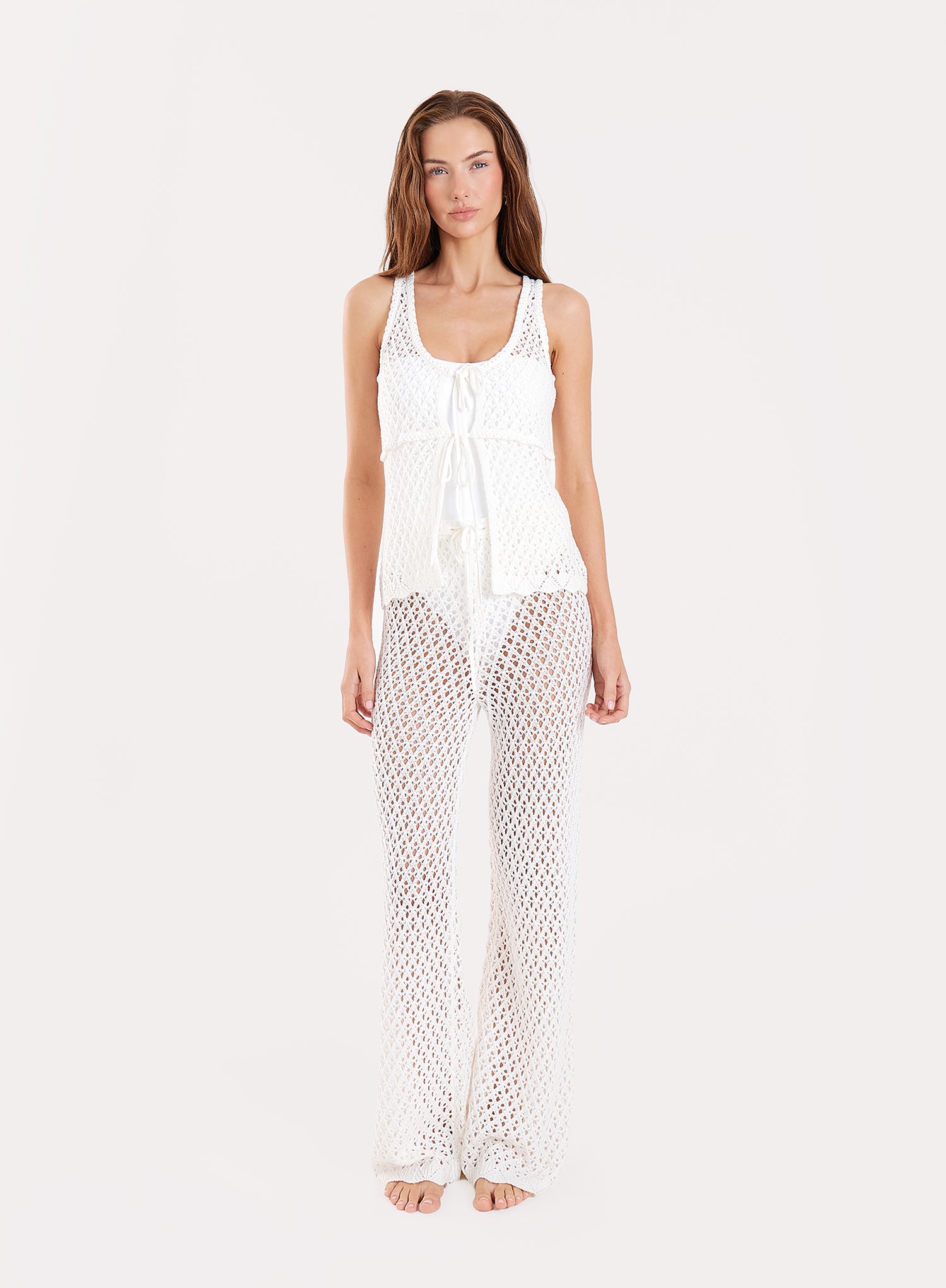 Off White Tie Front Crochet Top