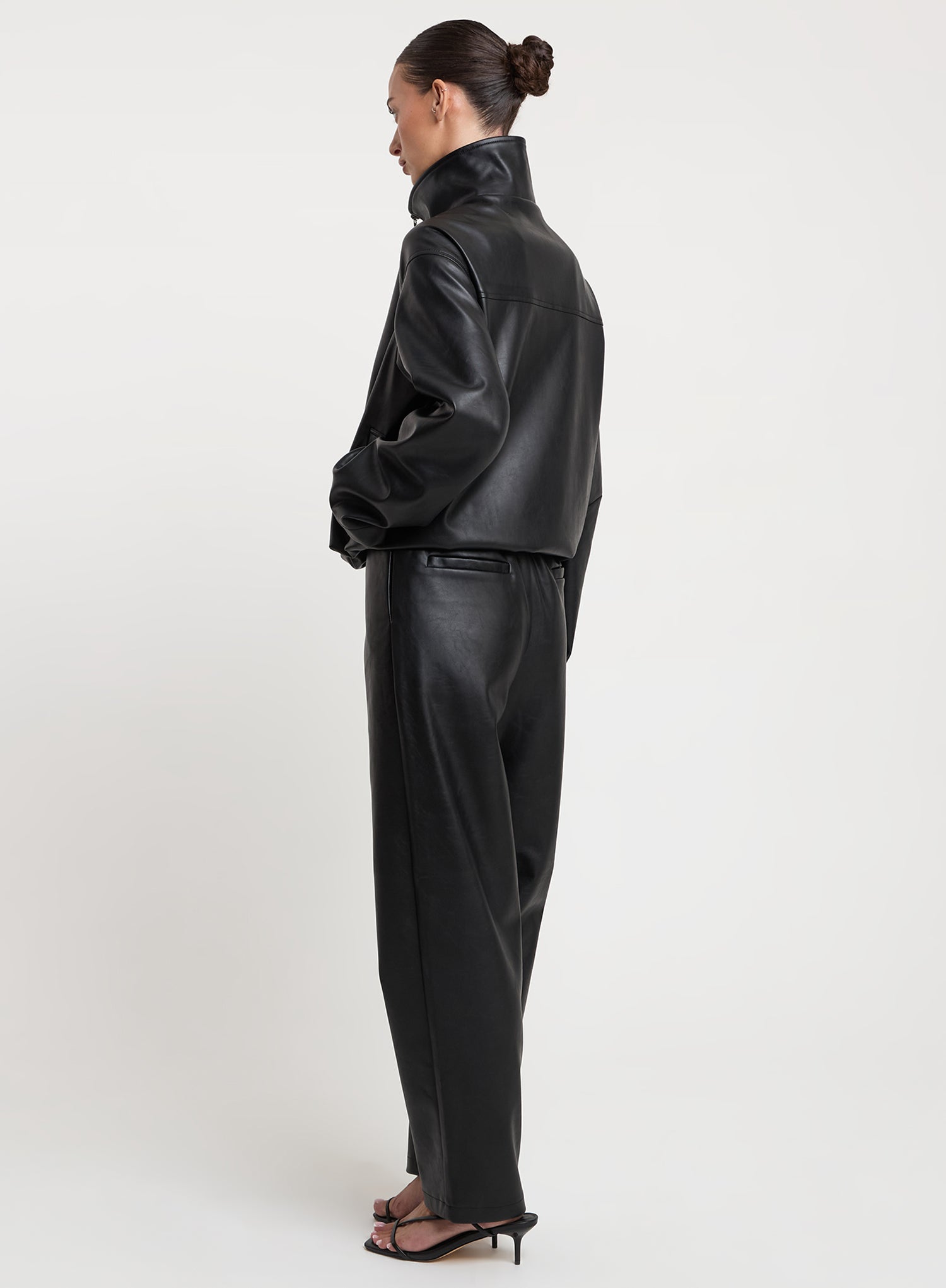 Black Faux Leather Funnel Neck Bomber Jacket