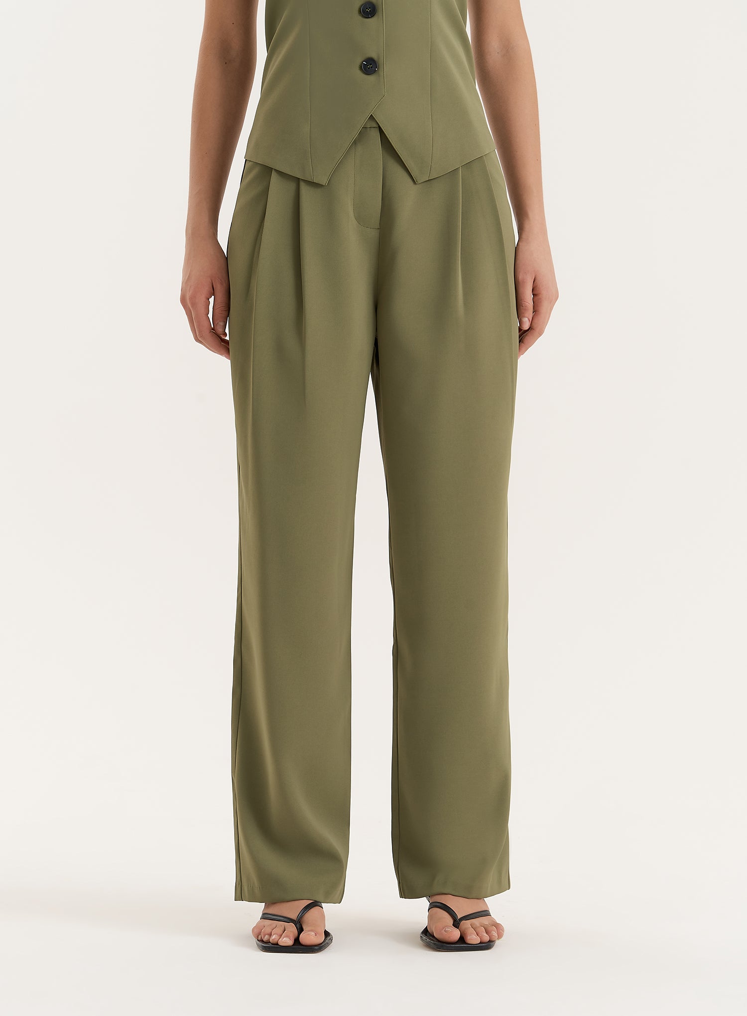 Khaki Tailored Straight Leg Trousers- Sabrina