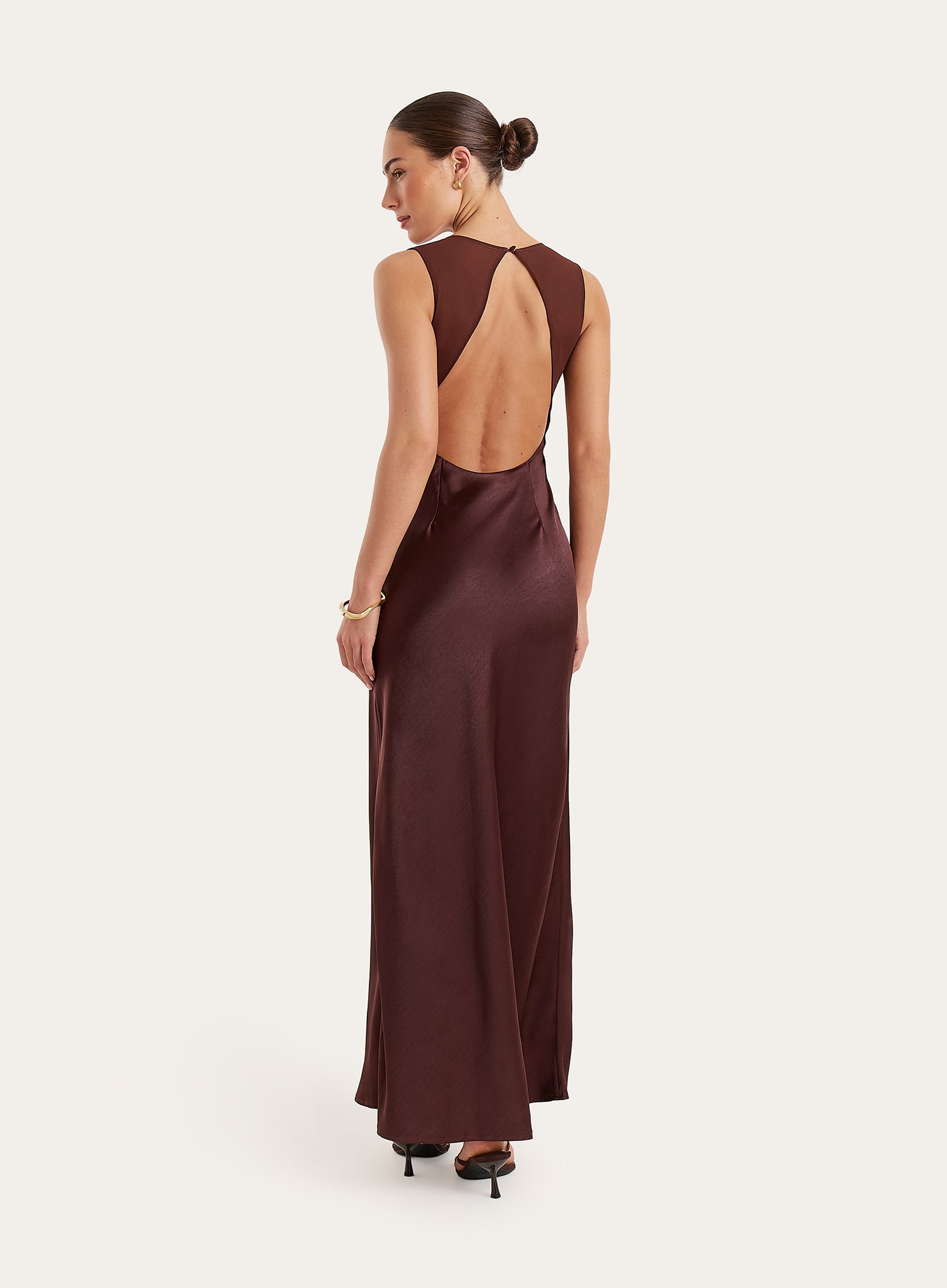 Chocolate Satin Open Back Maxi Dress