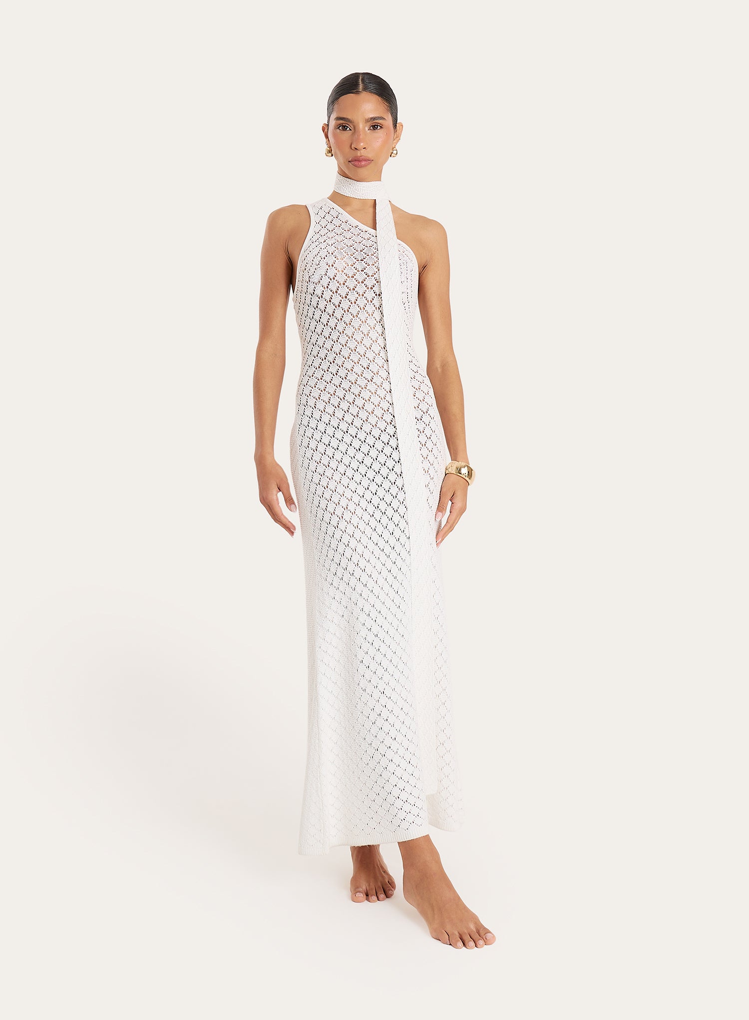White Crochet One Shoulder Scarf Neck Maxi Dress