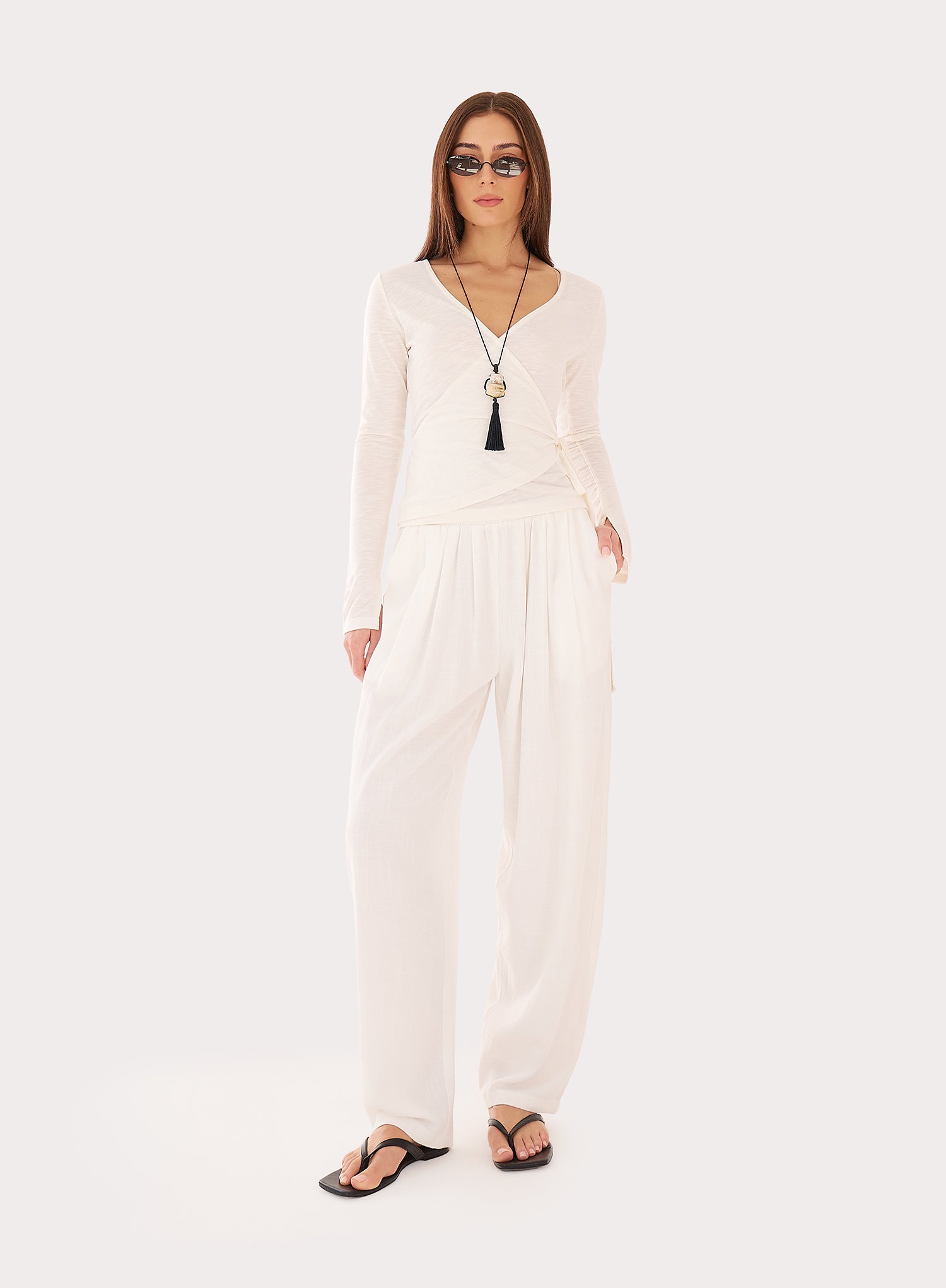White Wrap Semi Sheer Long Sleeve Top