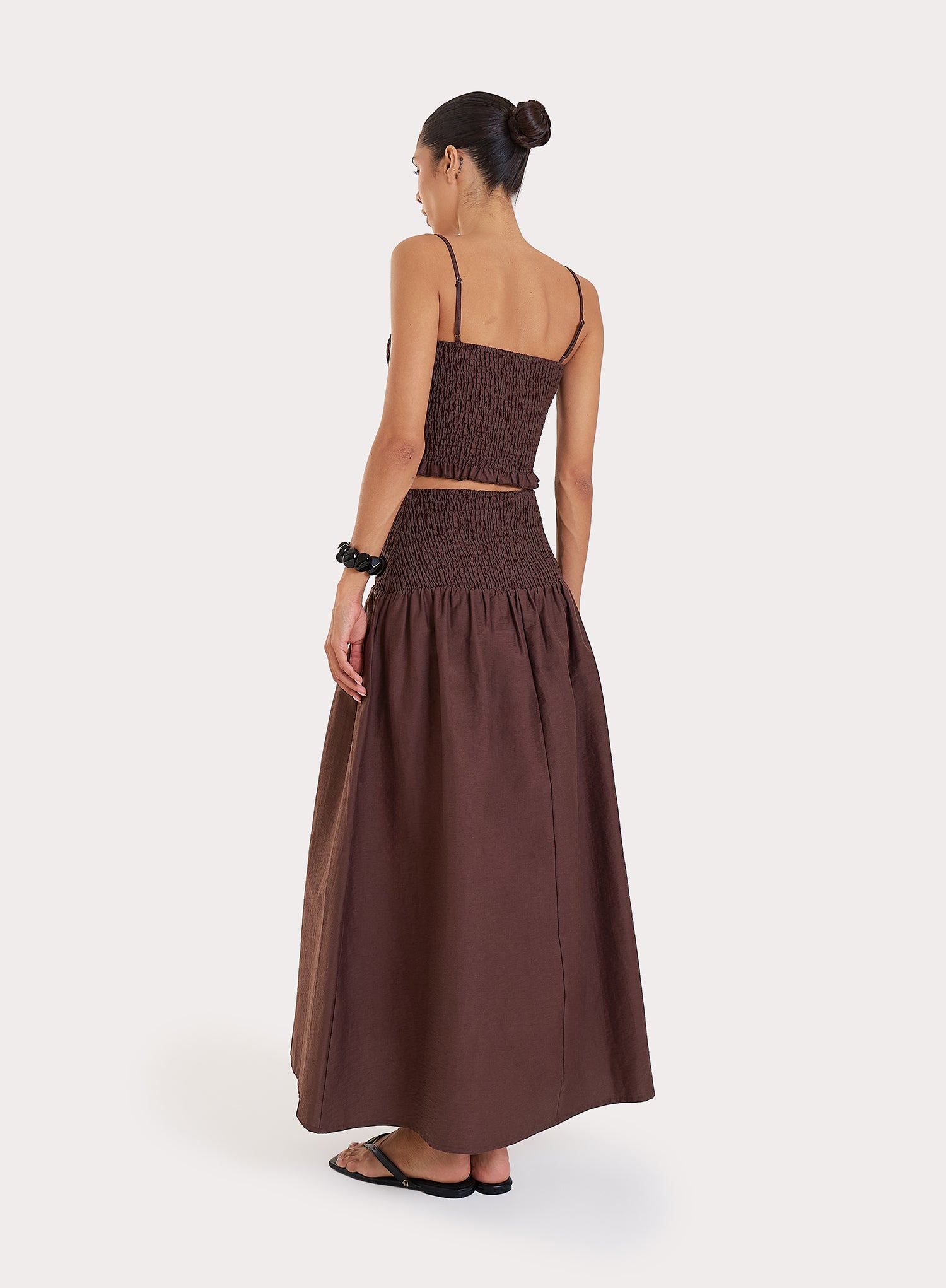 Chocolate Shirred Drop Waist Maxi Skirt