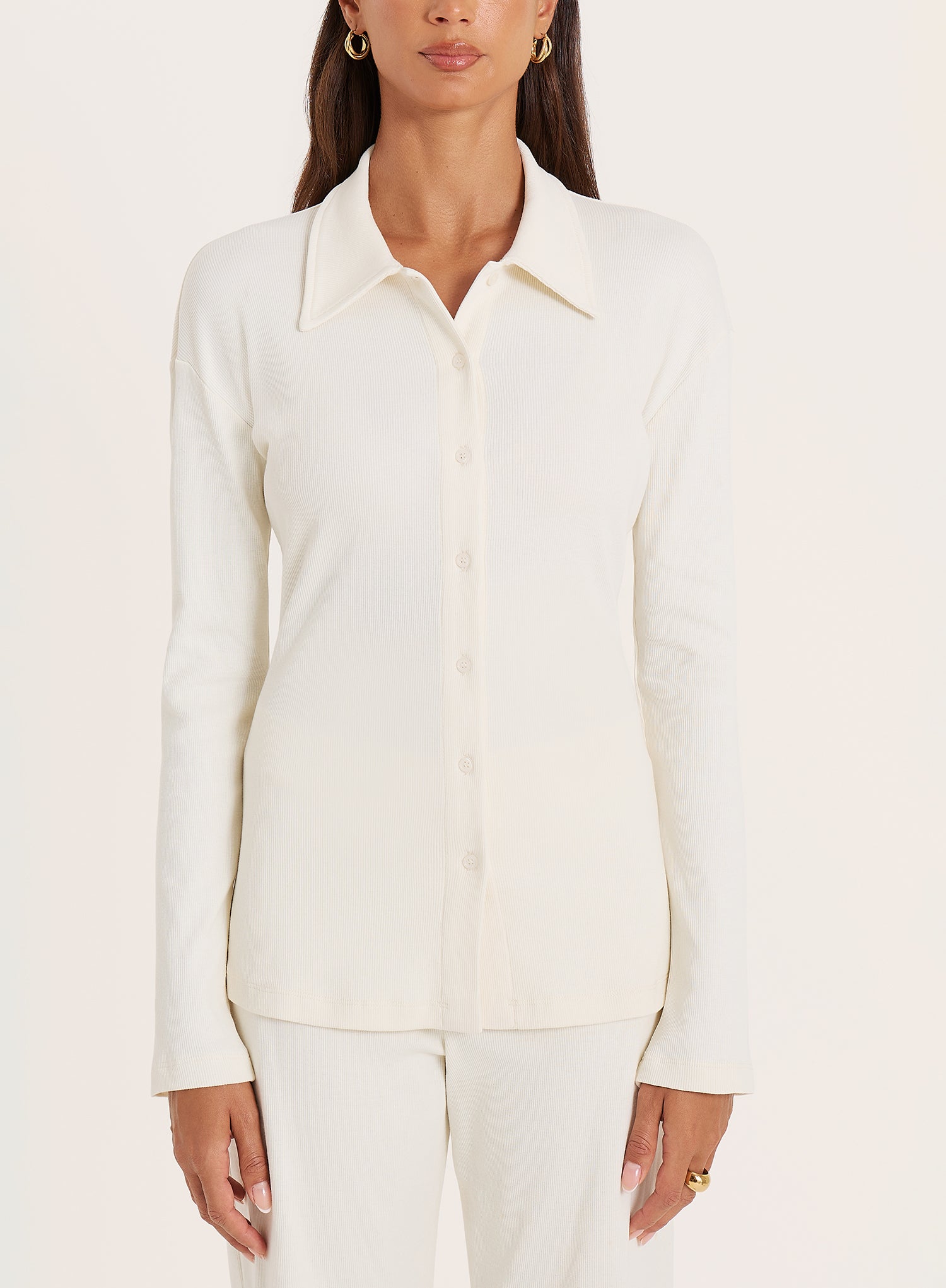 Cream Ribbed Button Long Sleeve Top