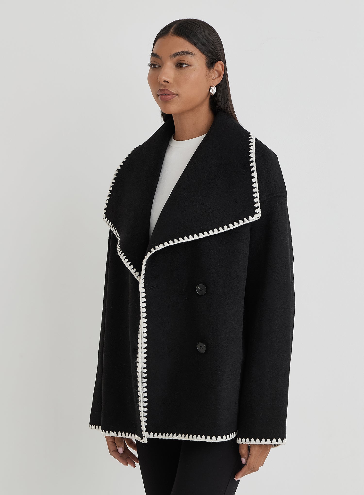 Black Contrast Stitch Oversized Jacket - Darin