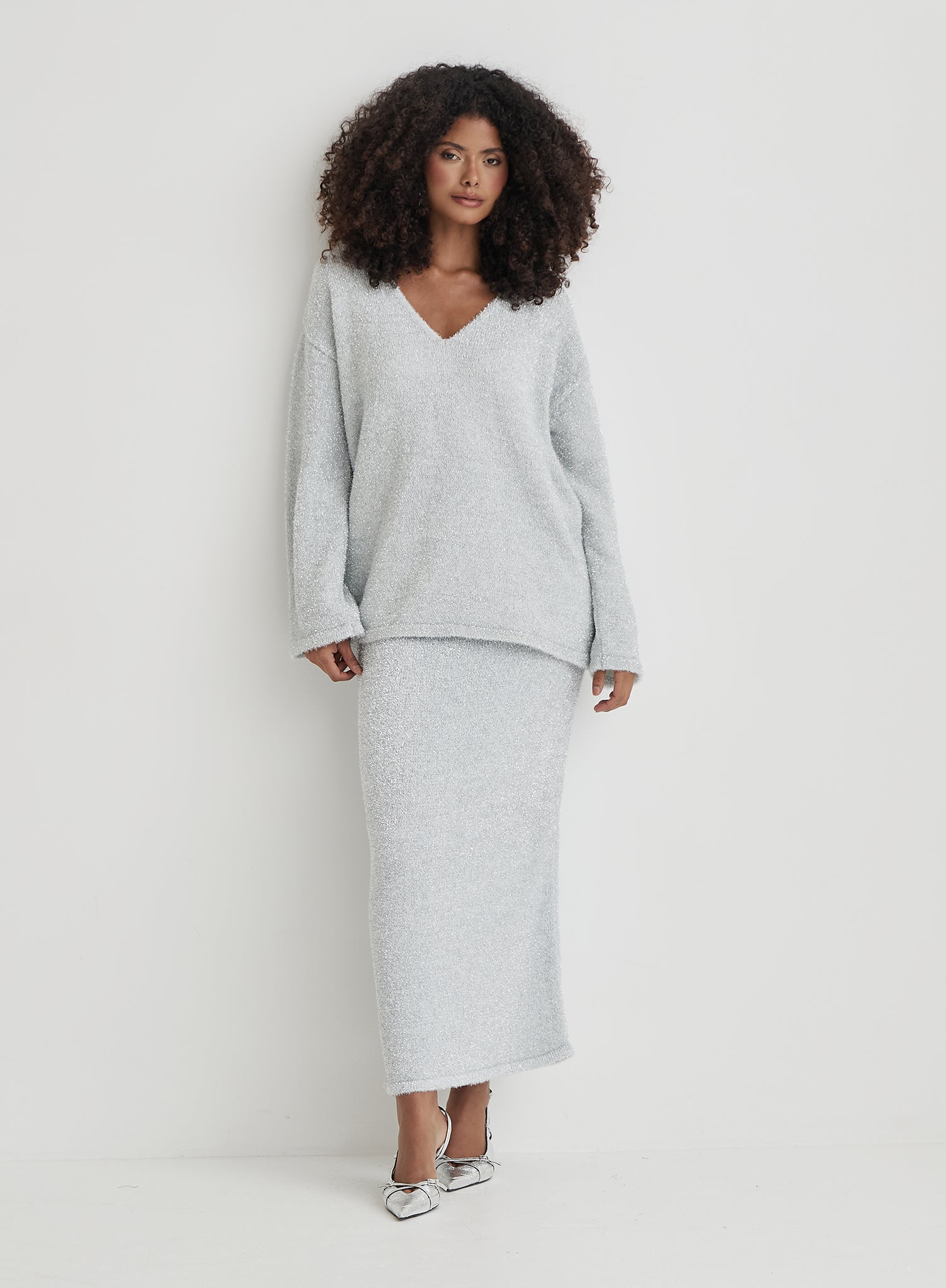 Silver Tinsel Knit V Neck Jumper- Ennis