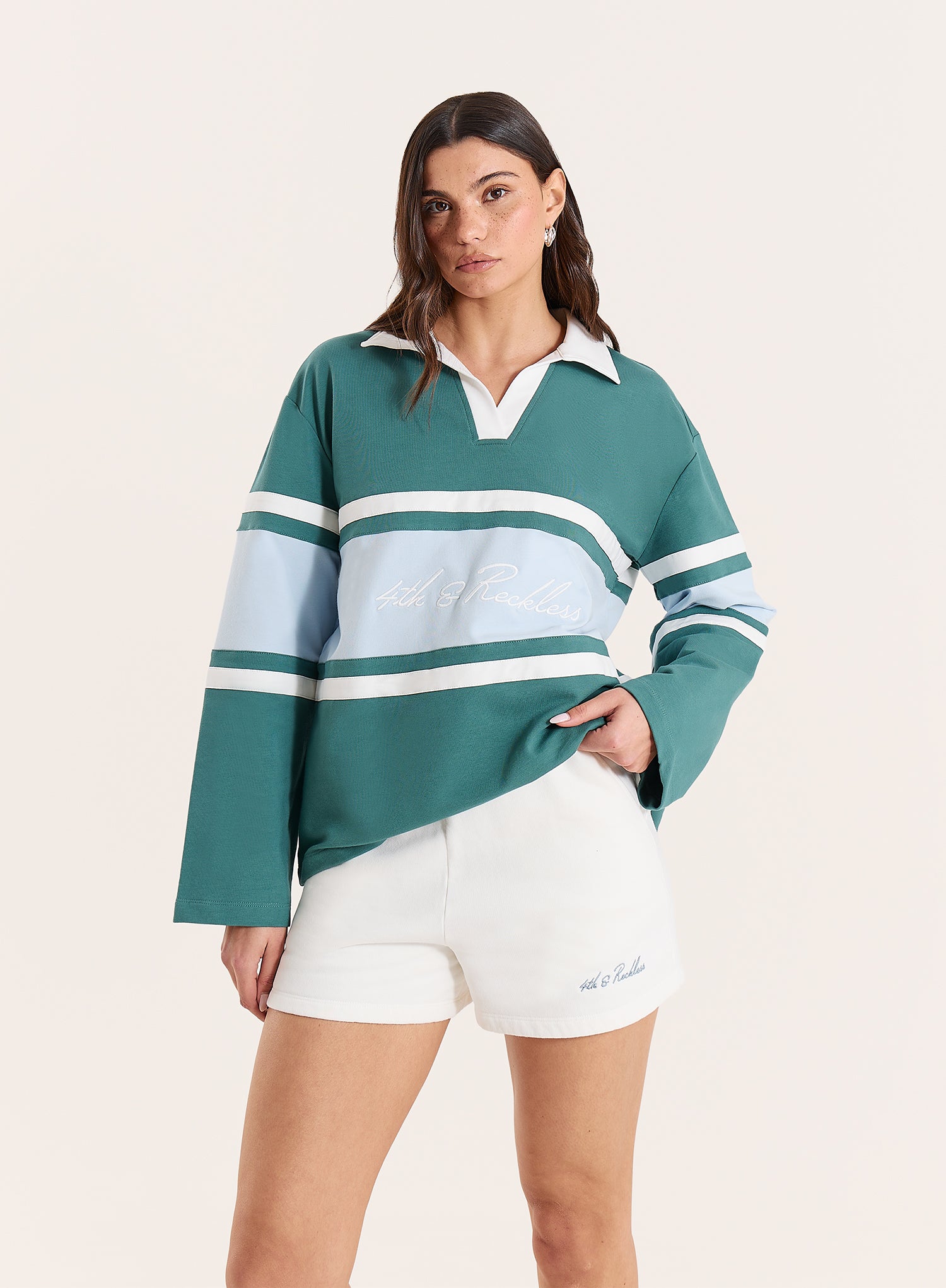 Green And Blue Stripe Panelled Branded Rugby Top