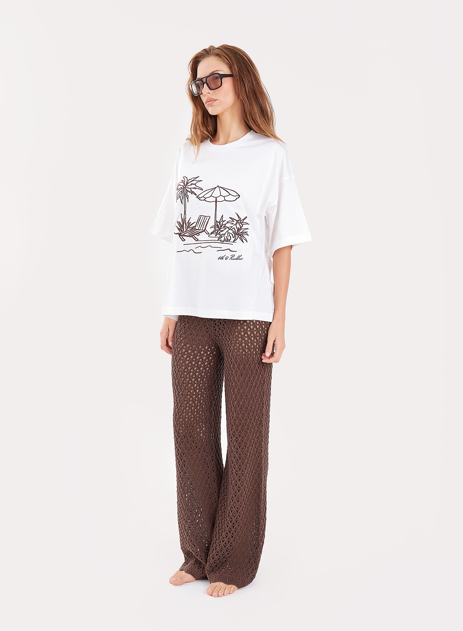 White Beach Embroidered Graphic Cotton T-Shirt