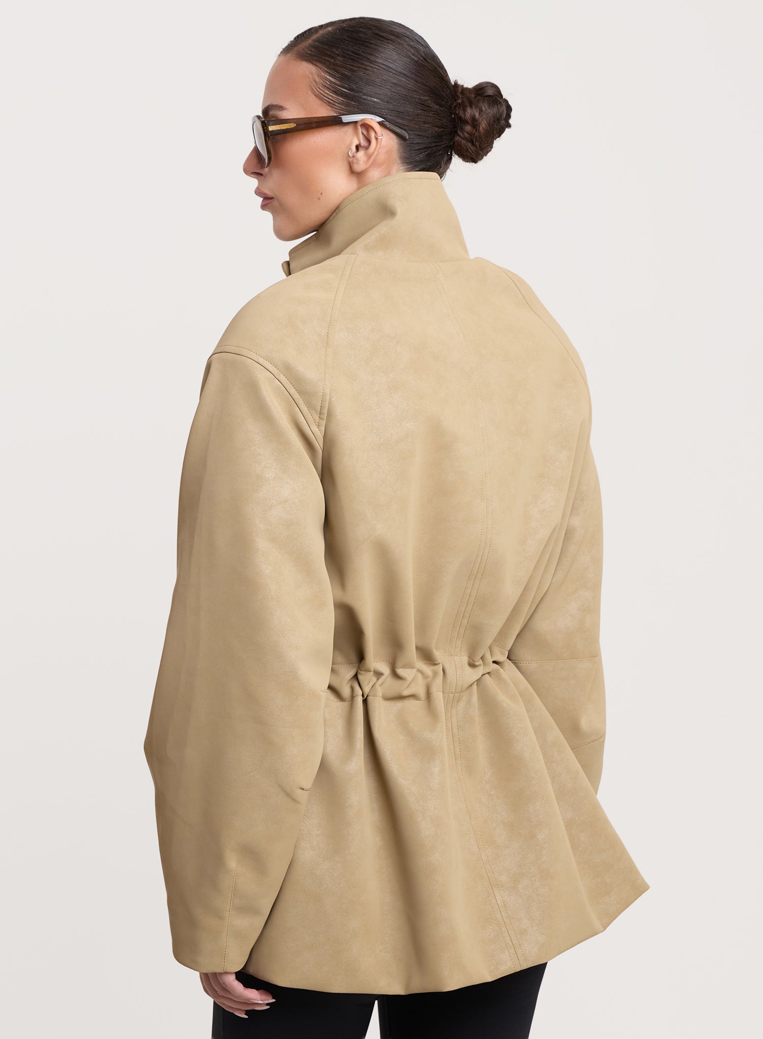Beige Faux Suede Cinched Waist Funnel Neck Jacket